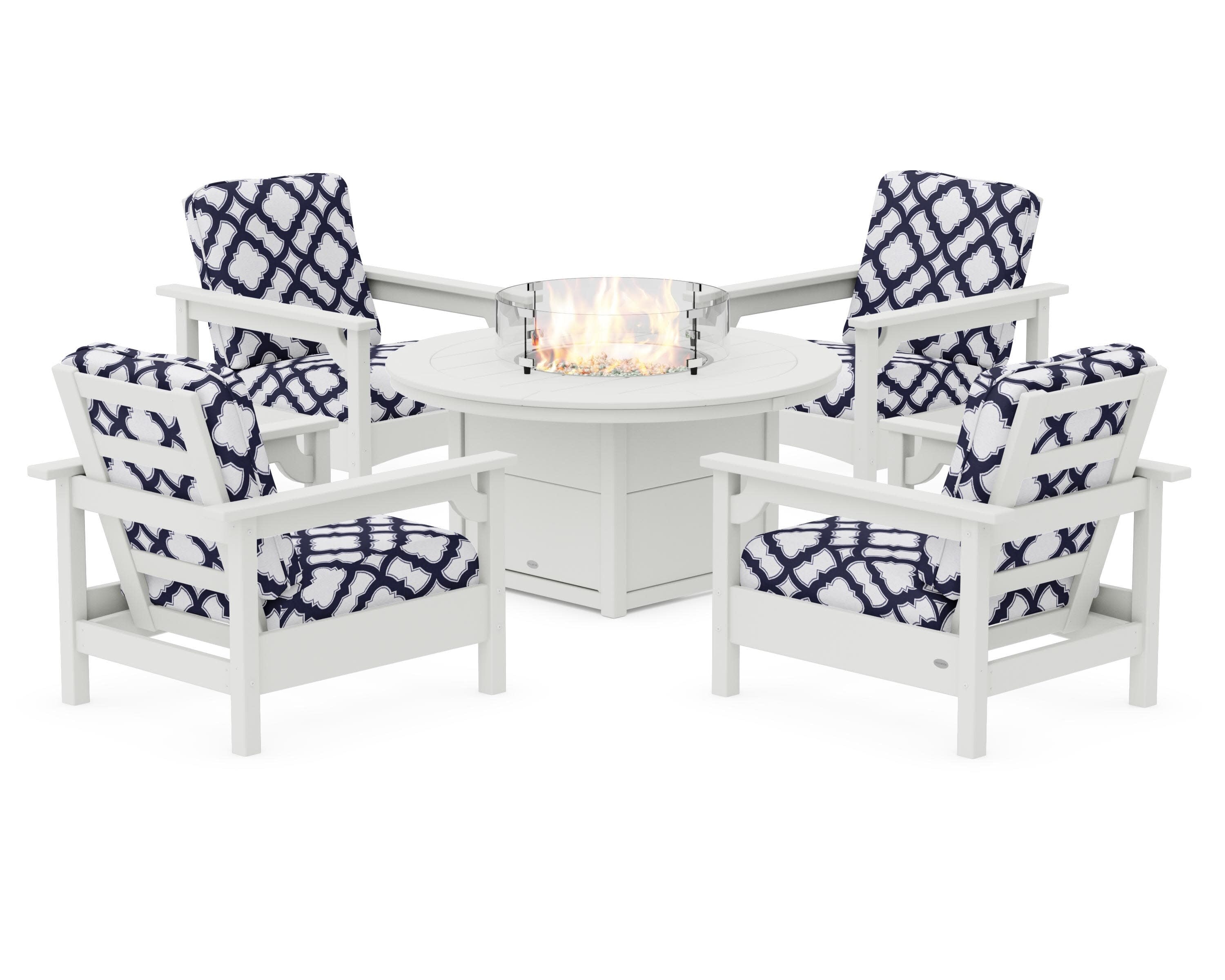 Club 5-Piece Conversation Set with Fire Pit Table in Vintage White / Trellis Navy