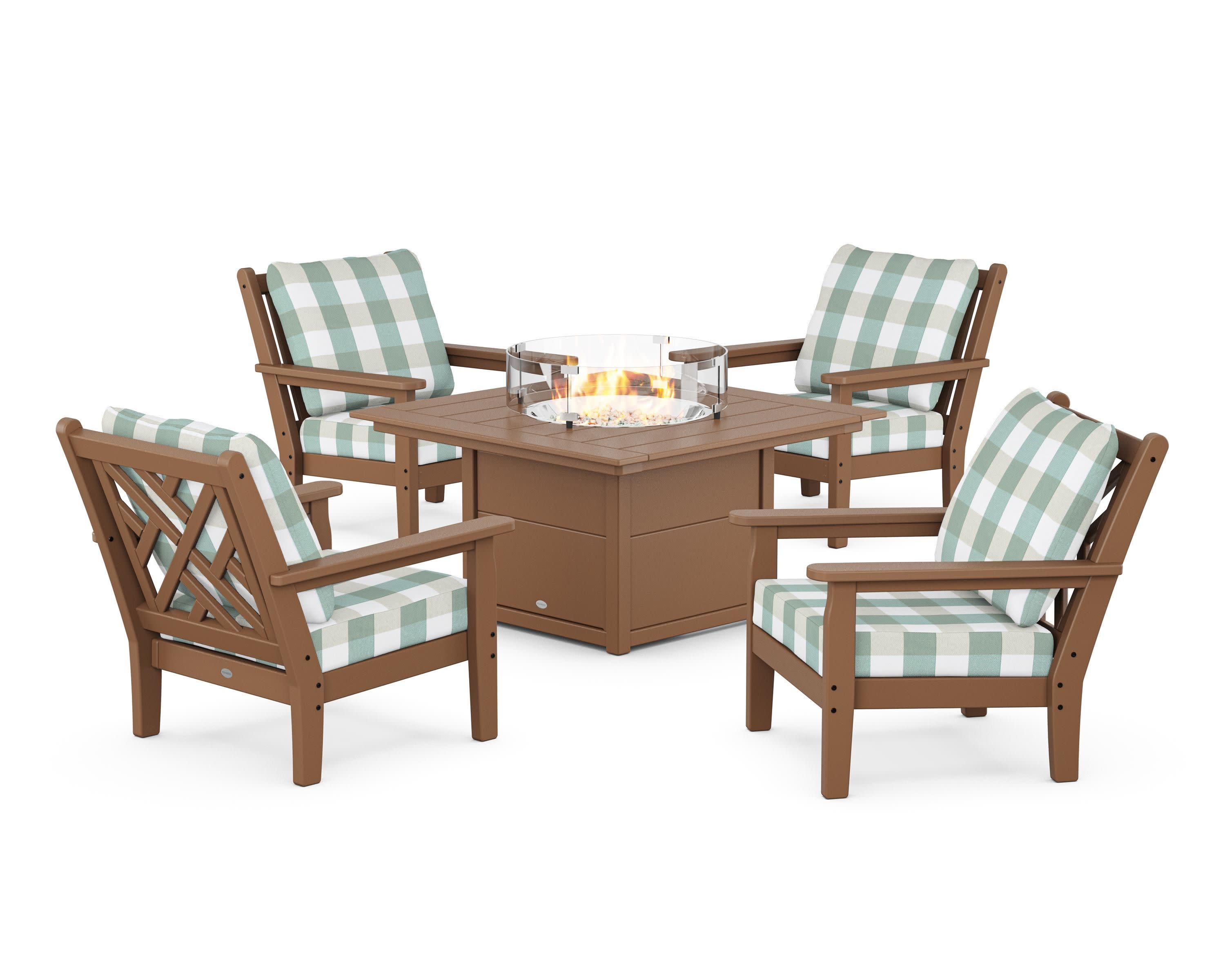 Chippendale 5-Piece Deep Seating Set with Fire Pit Table in Teak / Buffalo Plaid Glacier Spa