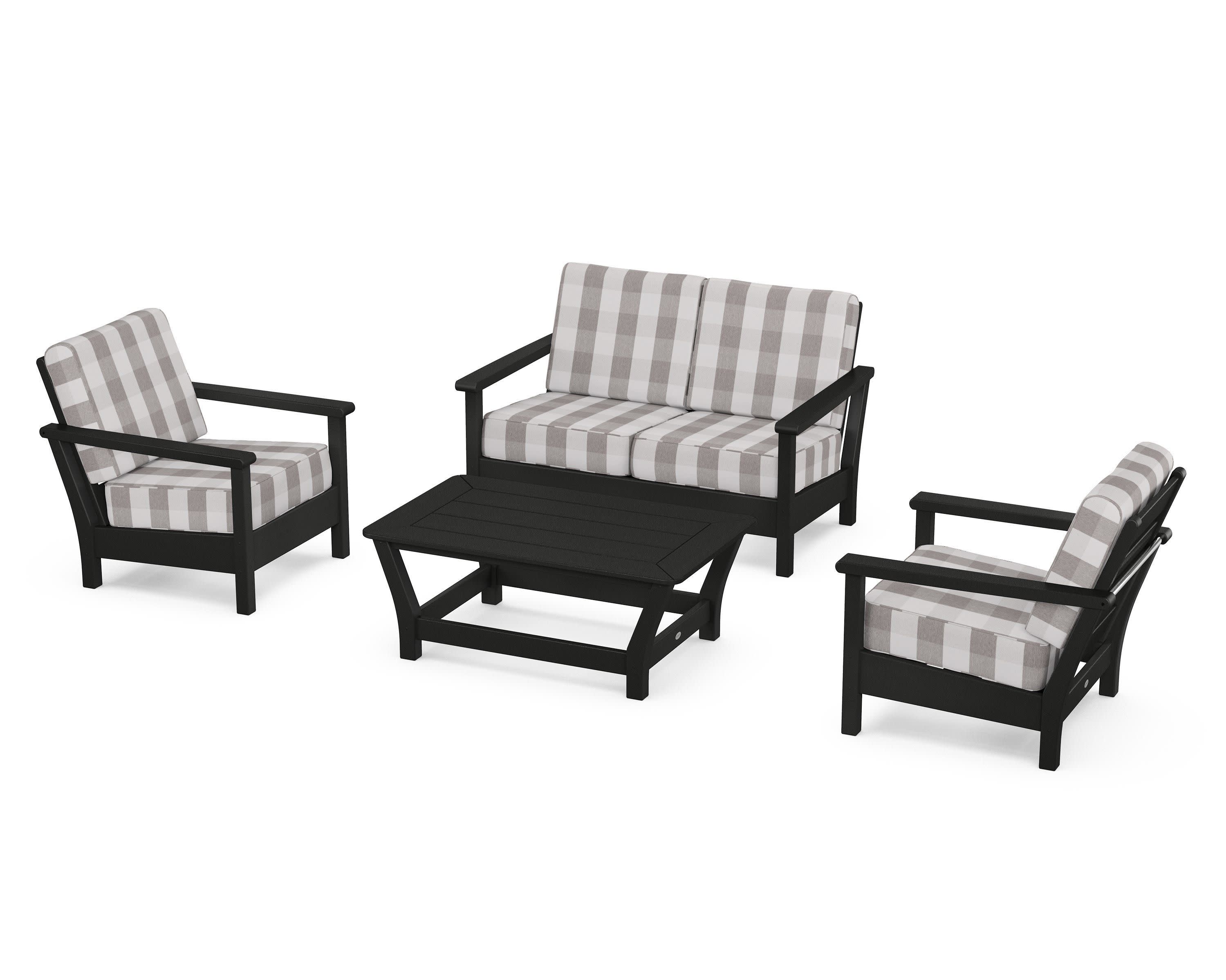 Harbour 4-Piece Deep Seating Set in Black / Buffalo Plaid Grey Mist