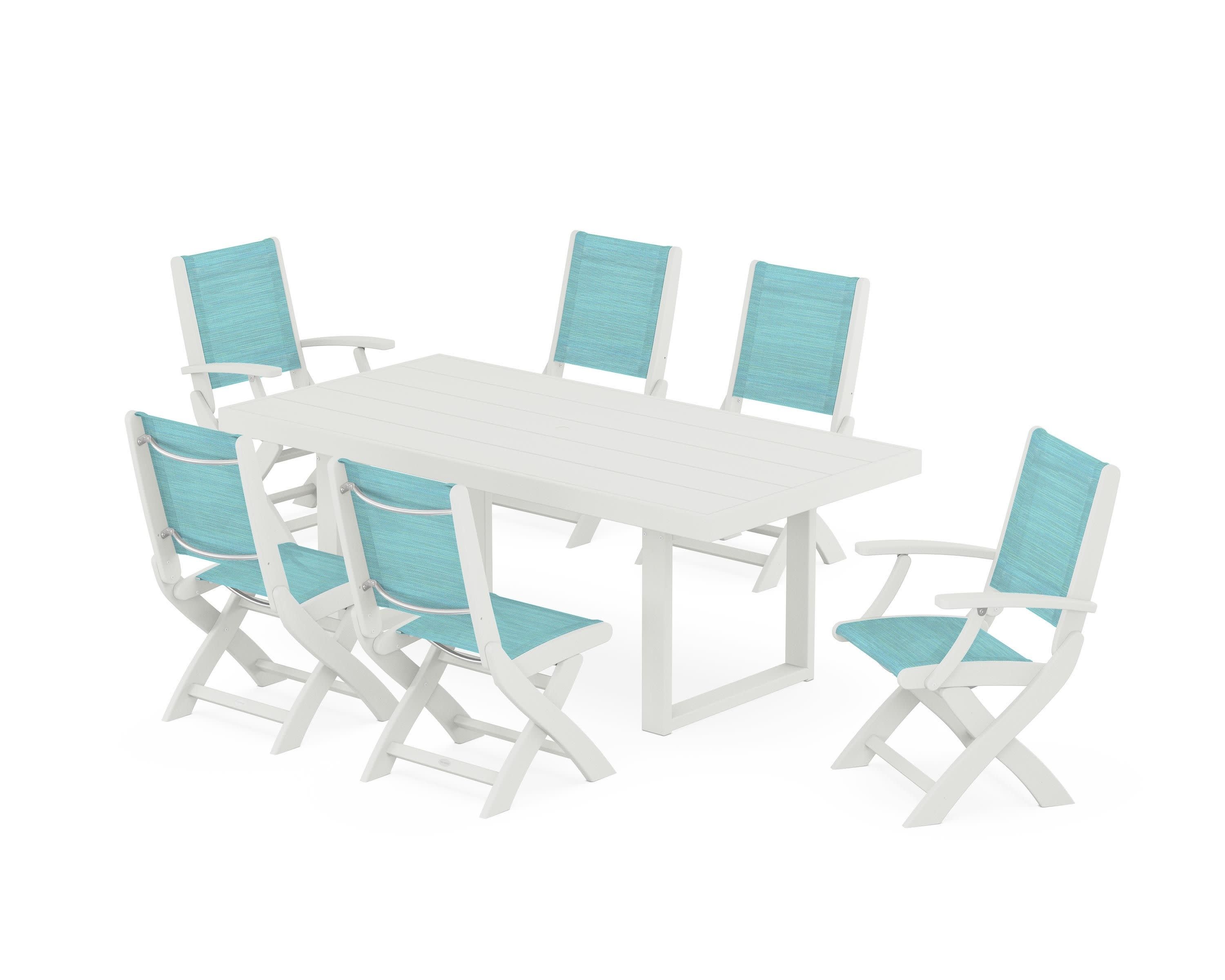 Coastal Folding Chair 7-Piece Dining Set with Trestle Legs in Vintage White / Dupioni Aquamarine Sling