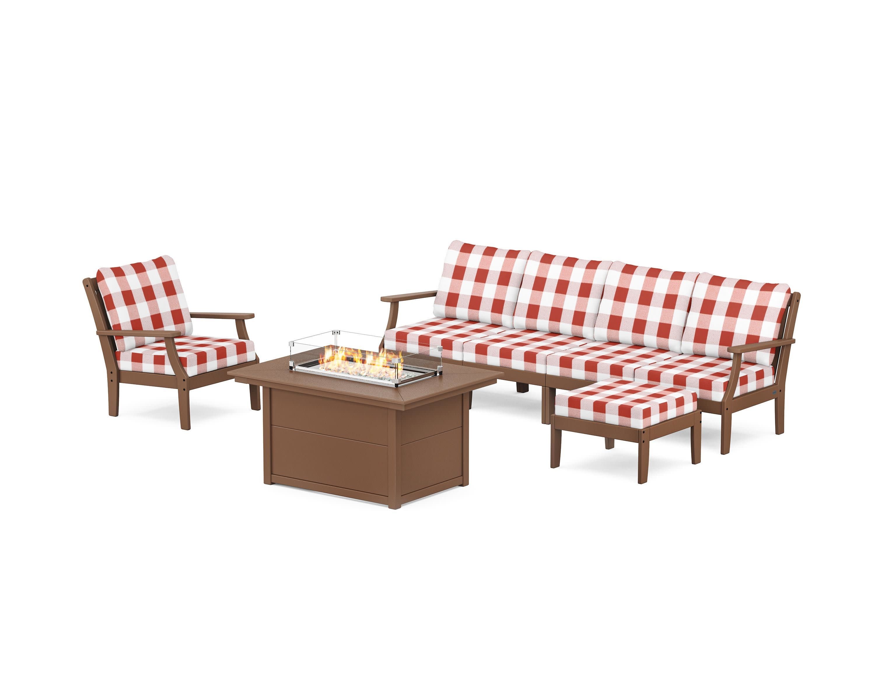Braxton Sectional Lounge and Fire Pit Set in Teak / Buffalo Plaid Crimson