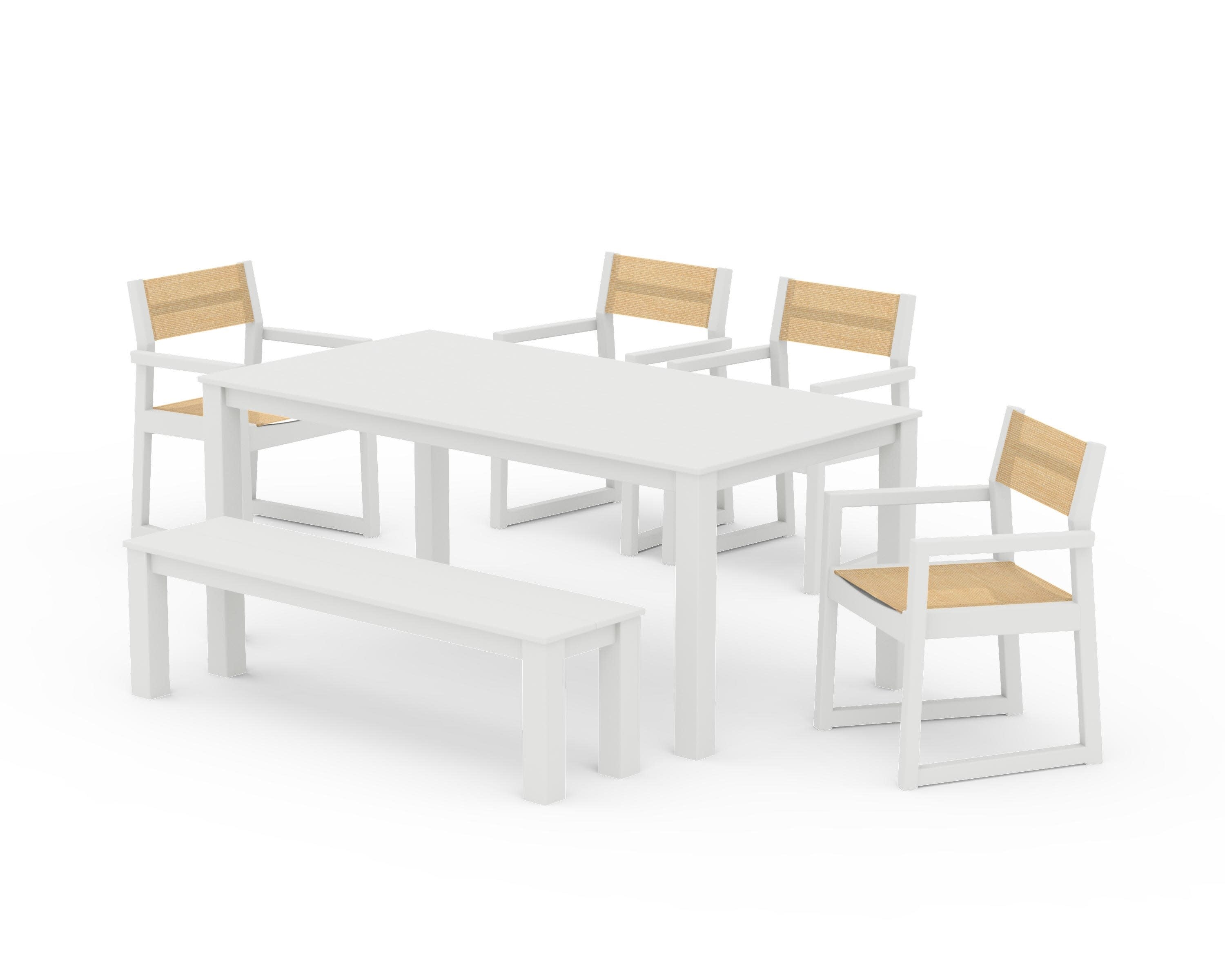 EDGE Sling Arm Chair 6-Piece Parsons Dining Set with Bench in Vintage White / Dupioni Apricot Sling