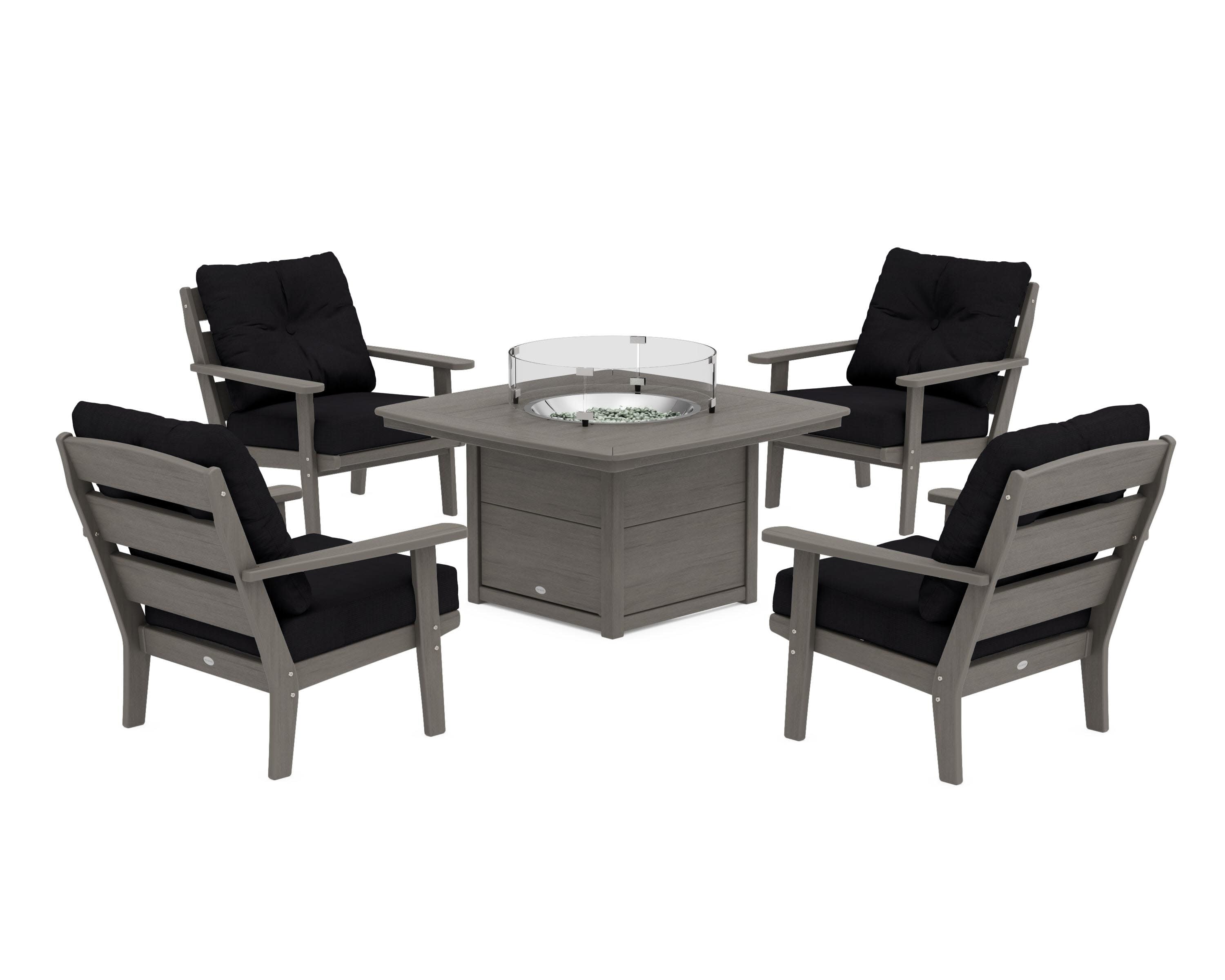 Lakeside 5-Piece Deep Seating Set with Nautical Fire Pit Table in Driftwood / Midnight Linen