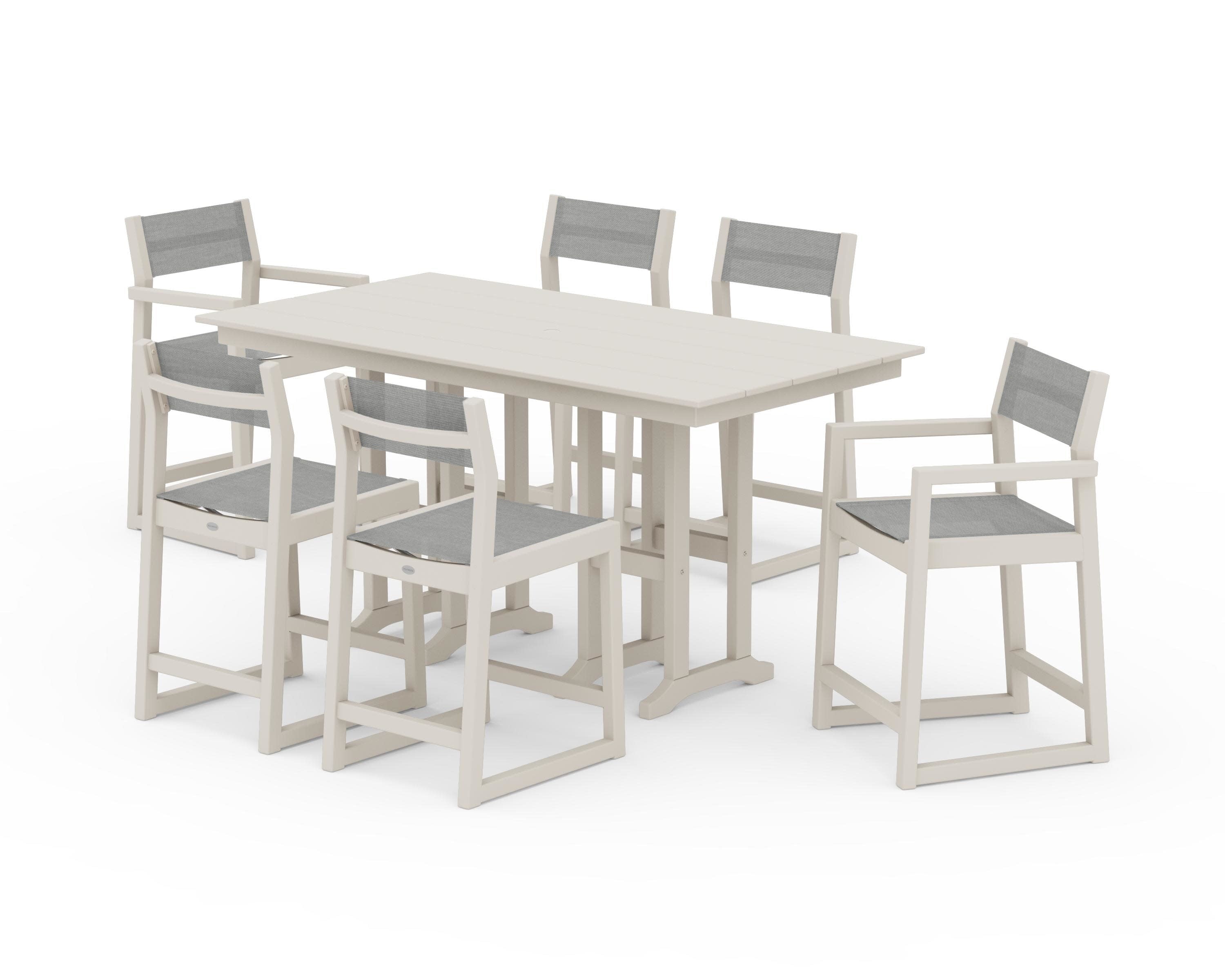 EDGE Sling 7-Piece Farmhouse Counter Set with Trestle Legs in Sand / Metallic Sling