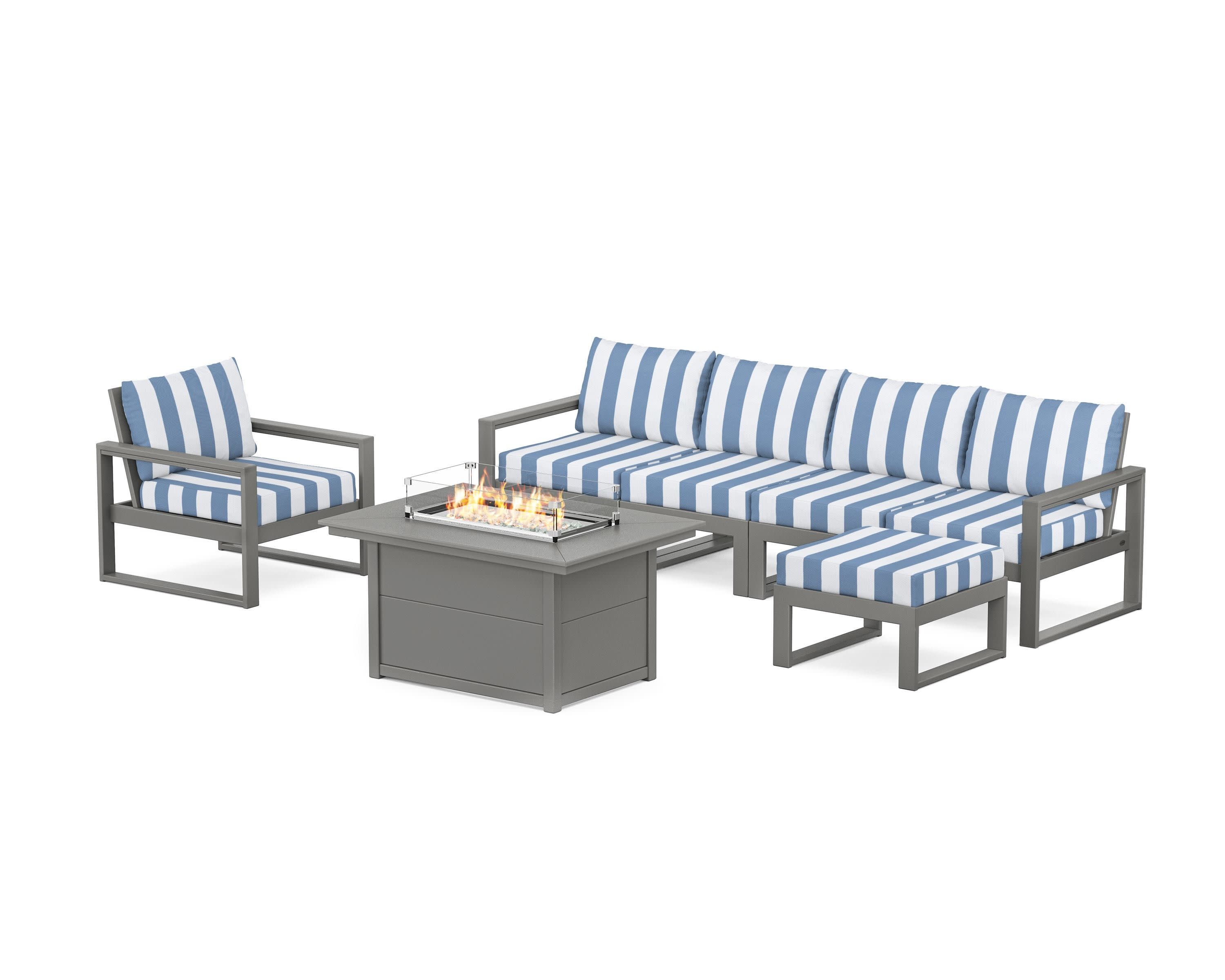 EDGE Sectional Lounge and Fire Pit Set in Slate Grey / Cabana Stripe Sky Blue
