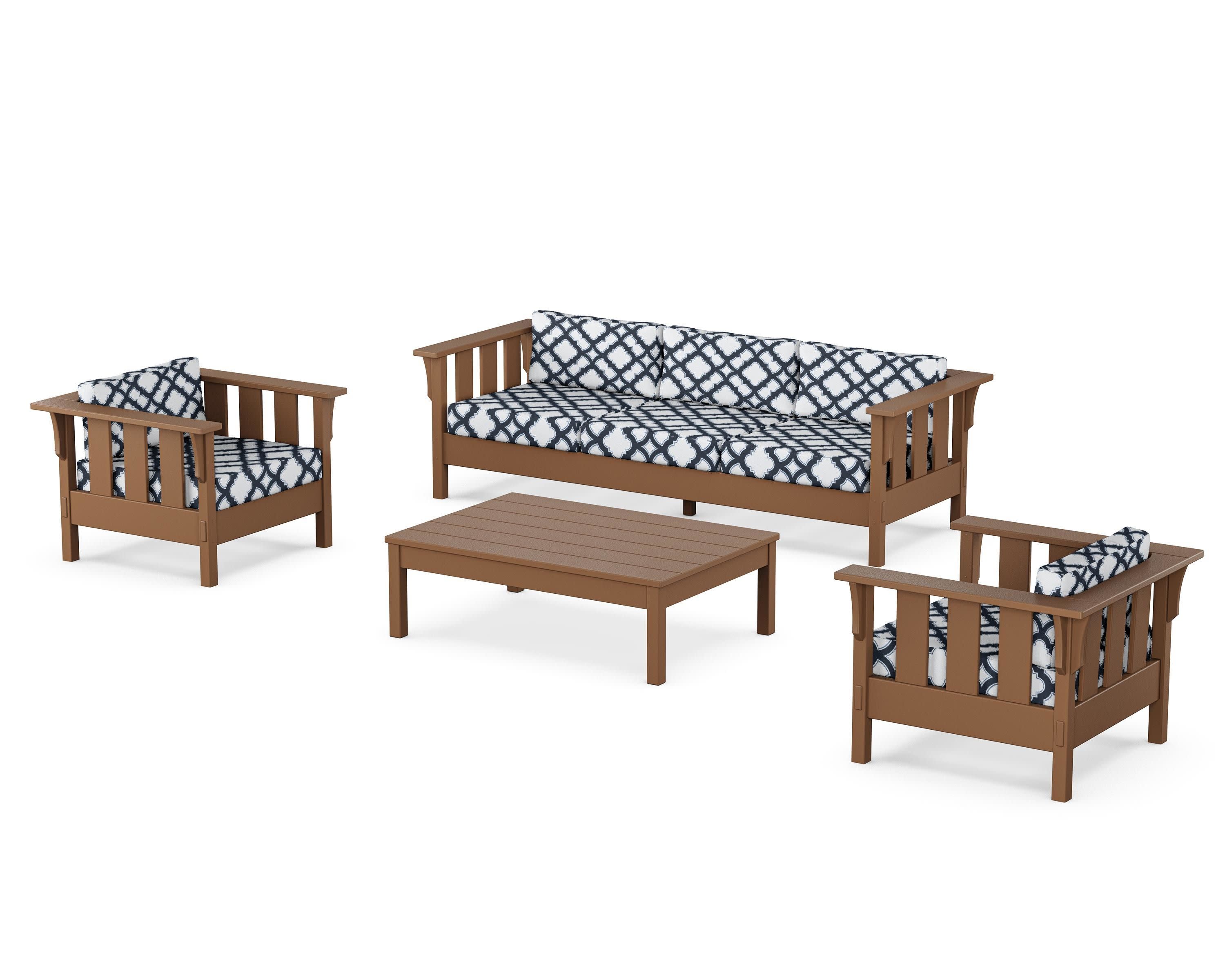 Acadia 4-Piece Deep Seating Set with Sofa in Teak / Trellis Marine Indigo