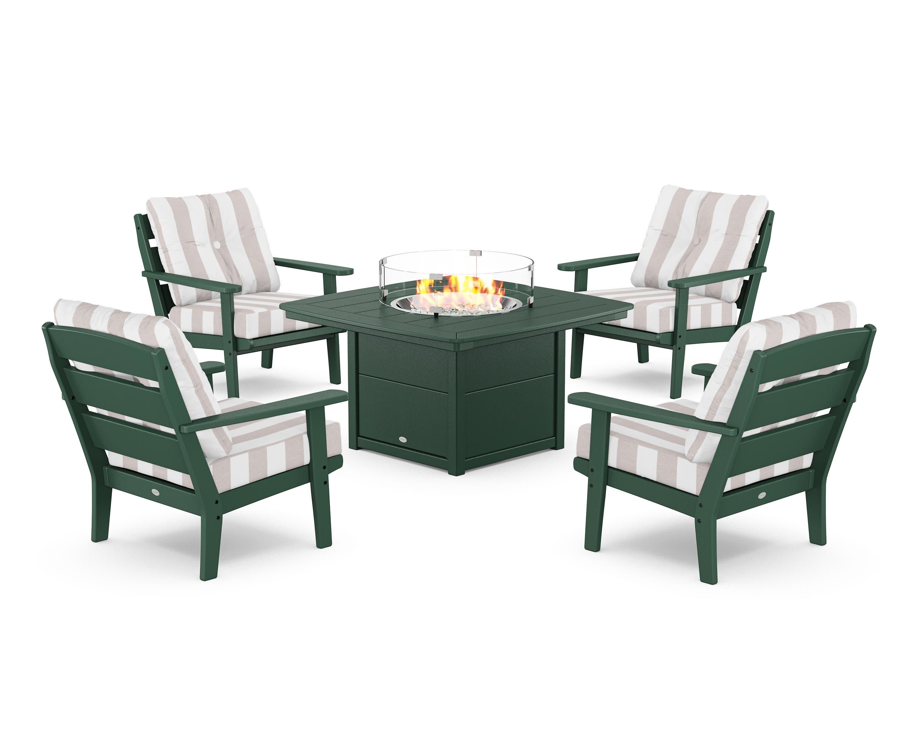 Lakeside 5-Piece Deep Seating Set with Nautical Fire Pit Table in Green / Cabana Stripe Dune Burlap