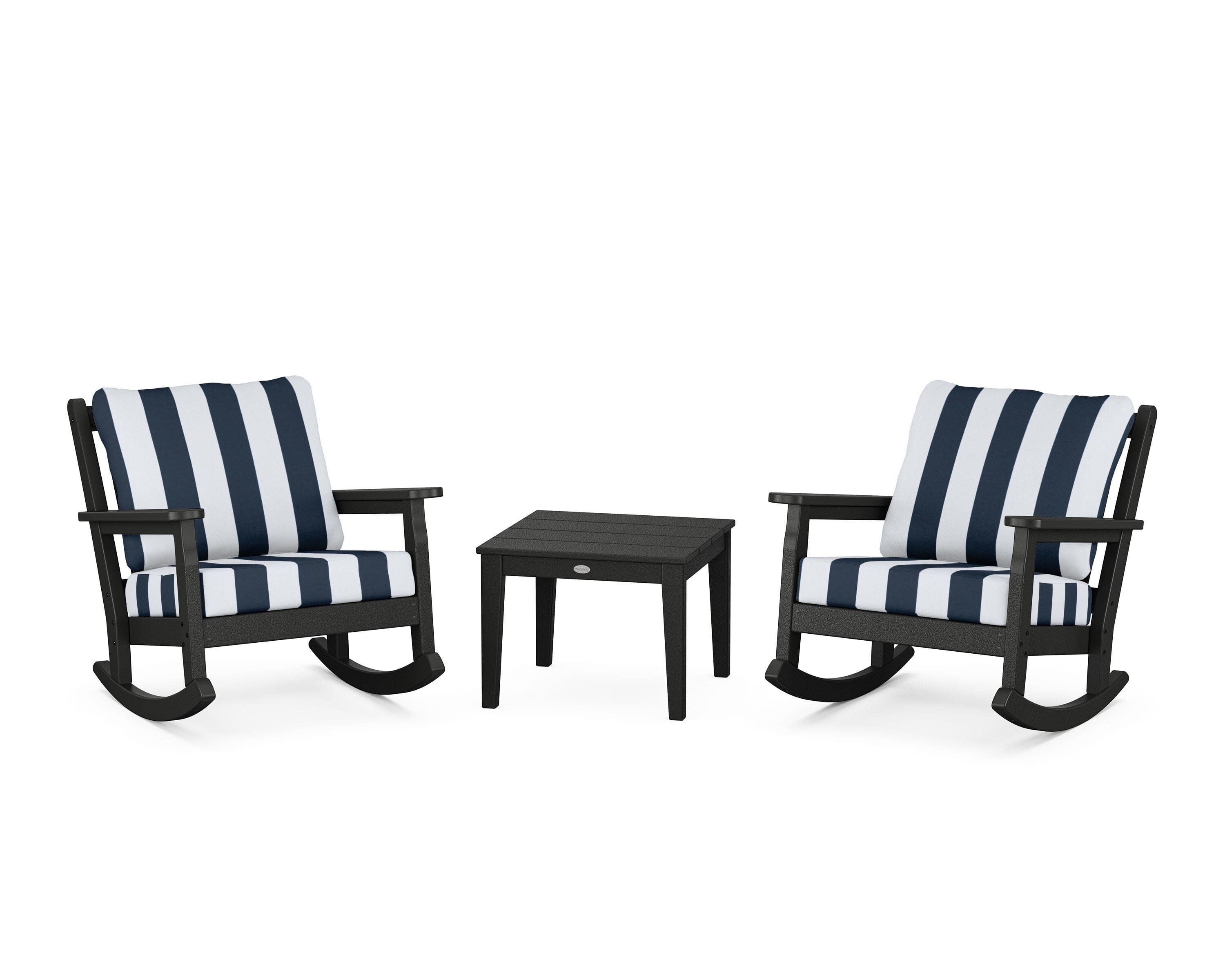 Chippendale 3-Piece Deep Seating Rocker Set in Black / Cabana Stripe Marine Indigo