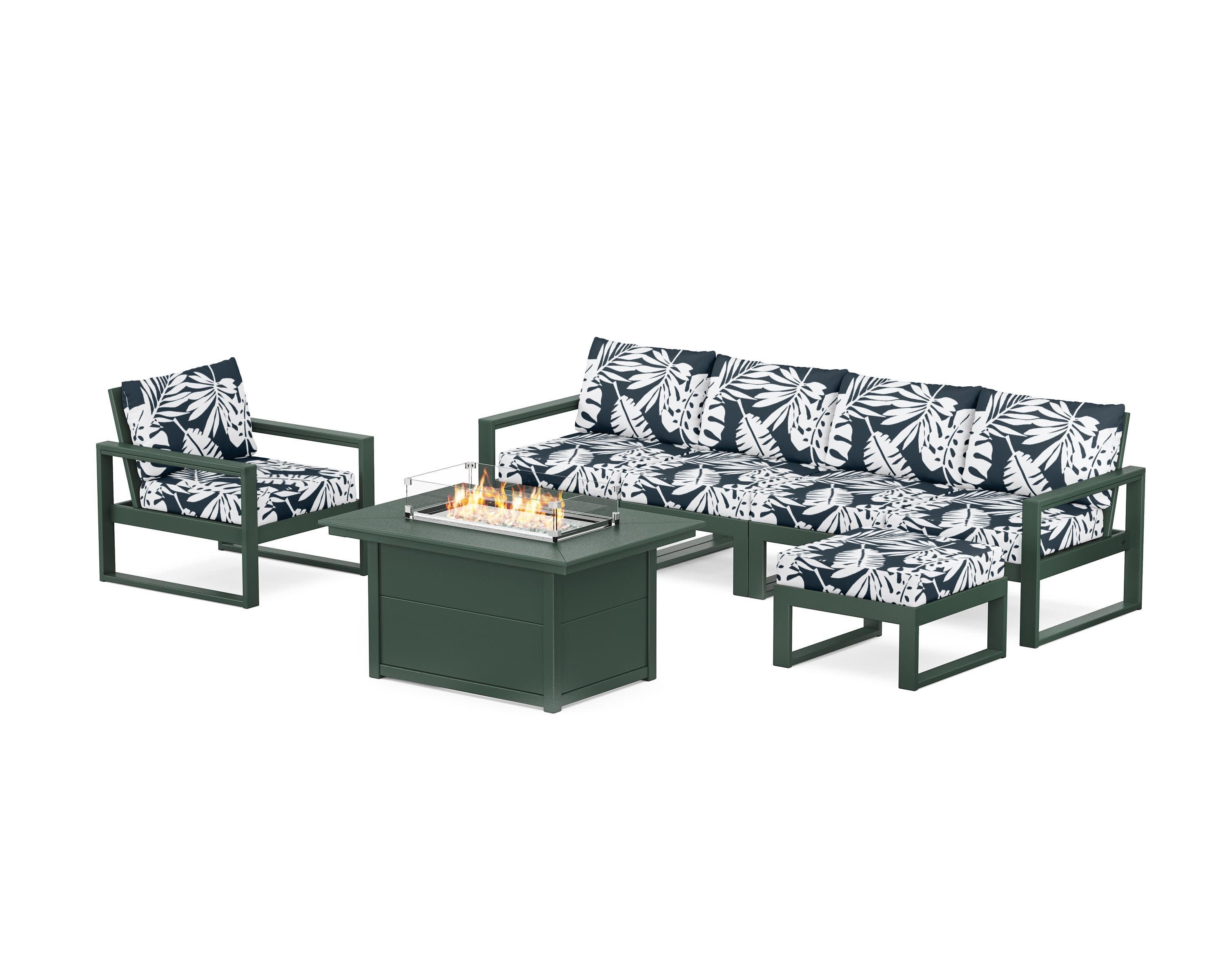 EDGE Sectional Lounge and Fire Pit Set in Green / Leaf Marine Indigo