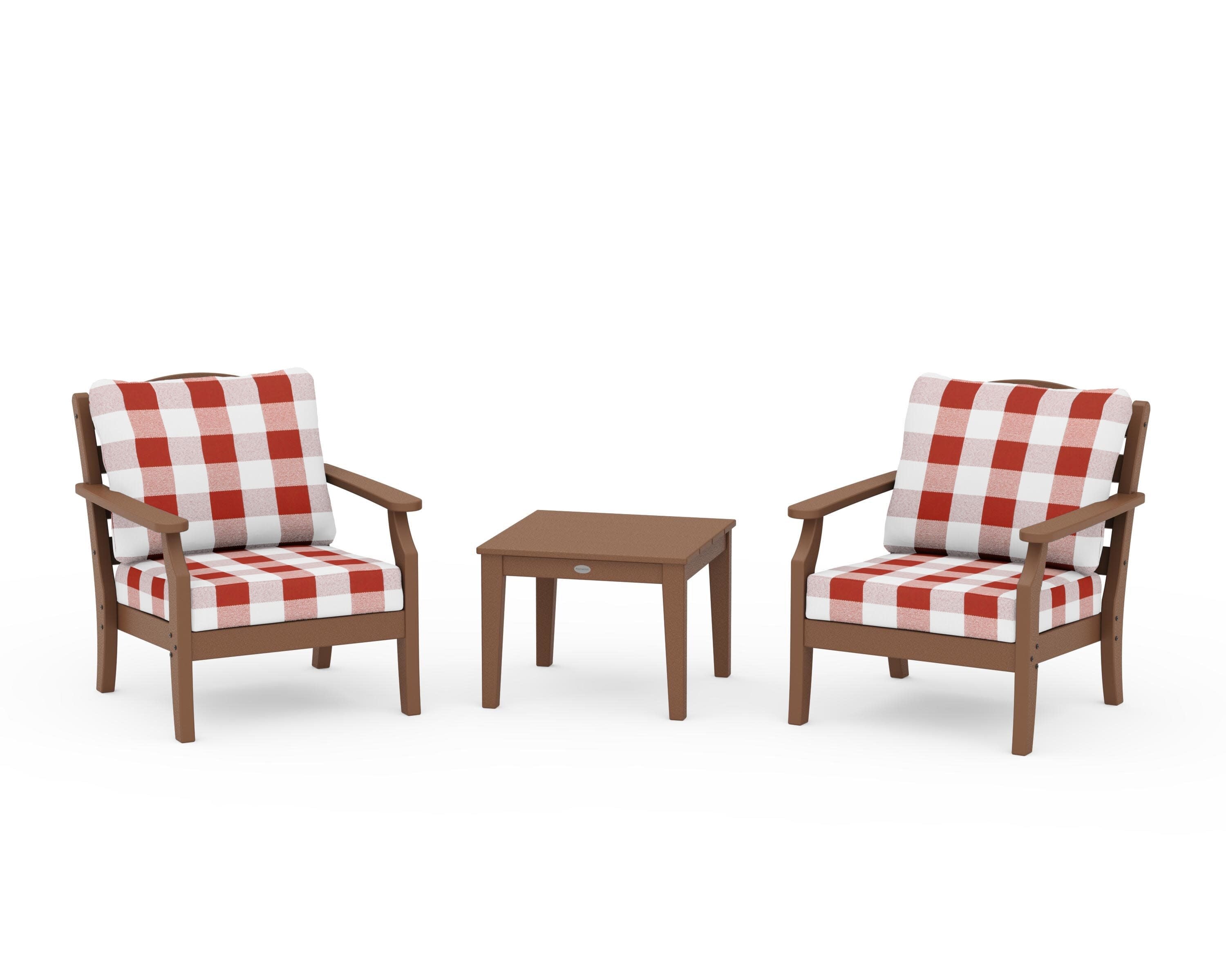 Savannah 3-Piece Deep Seating Set in Teak / Buffalo Plaid Crimson