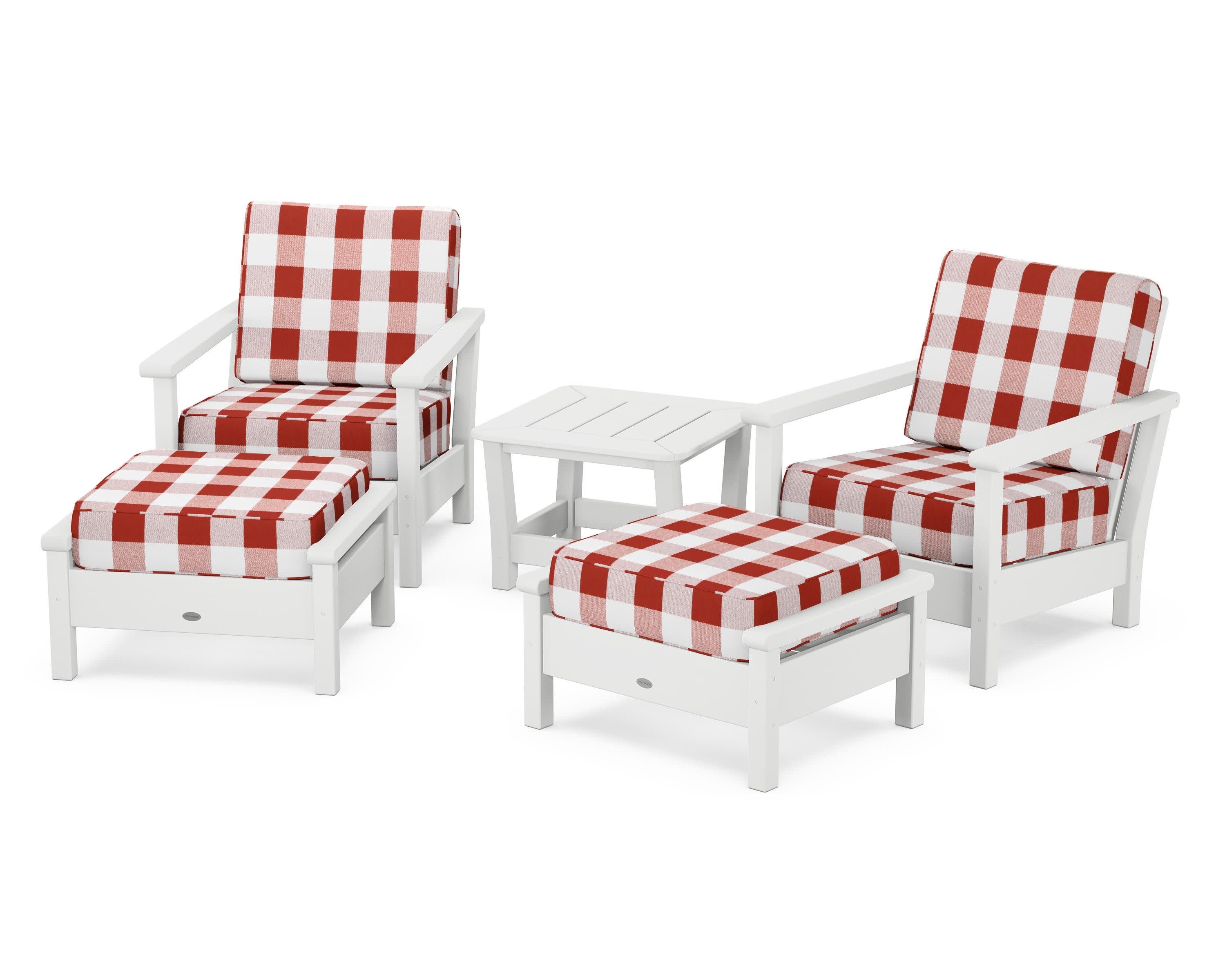 Harbour 5-Piece Deep Seating Chair Set in White / Buffalo Plaid Crimson