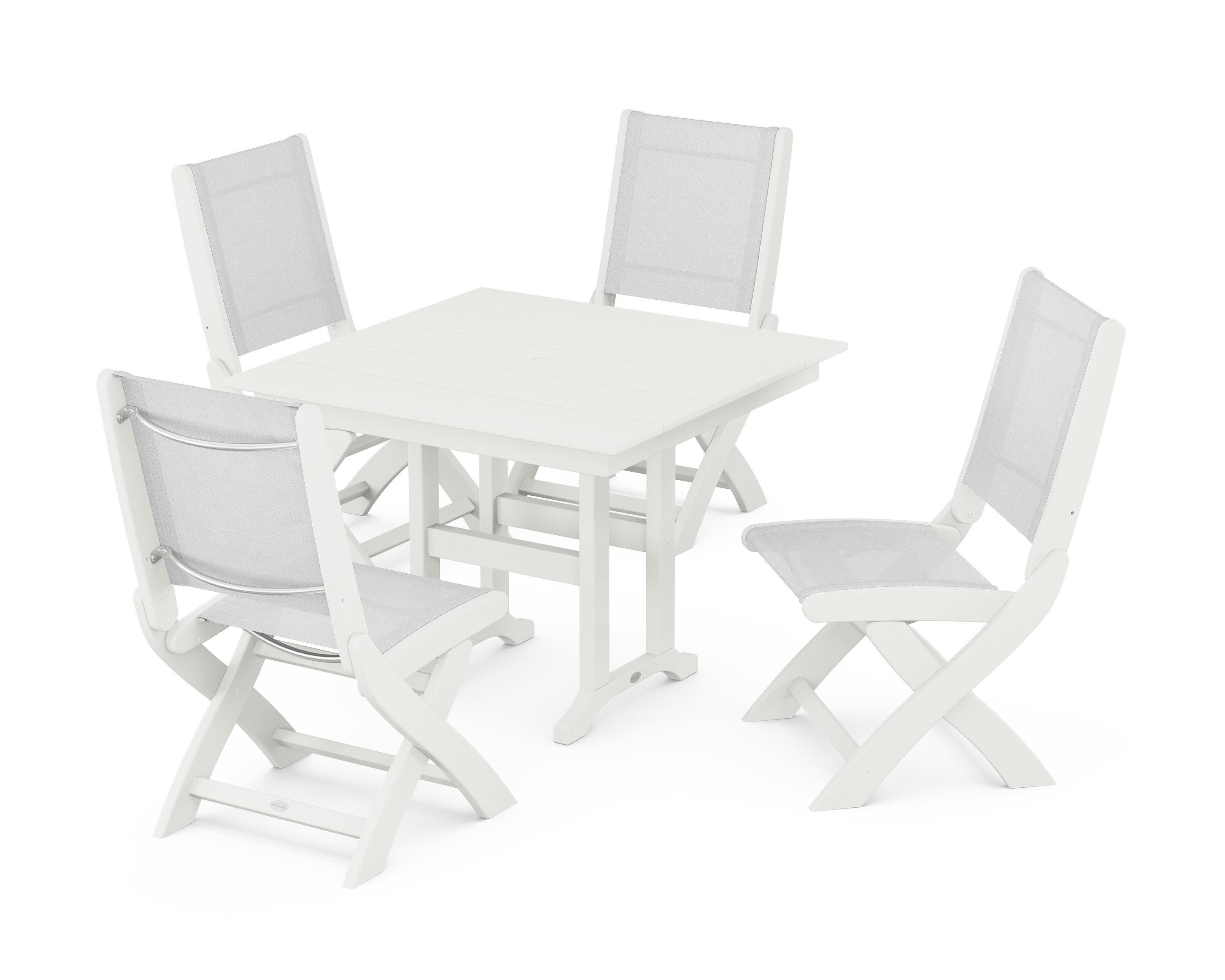Coastal Folding Side Chair 5-Piece Farmhouse Dining Set in Vintage White / White Sling