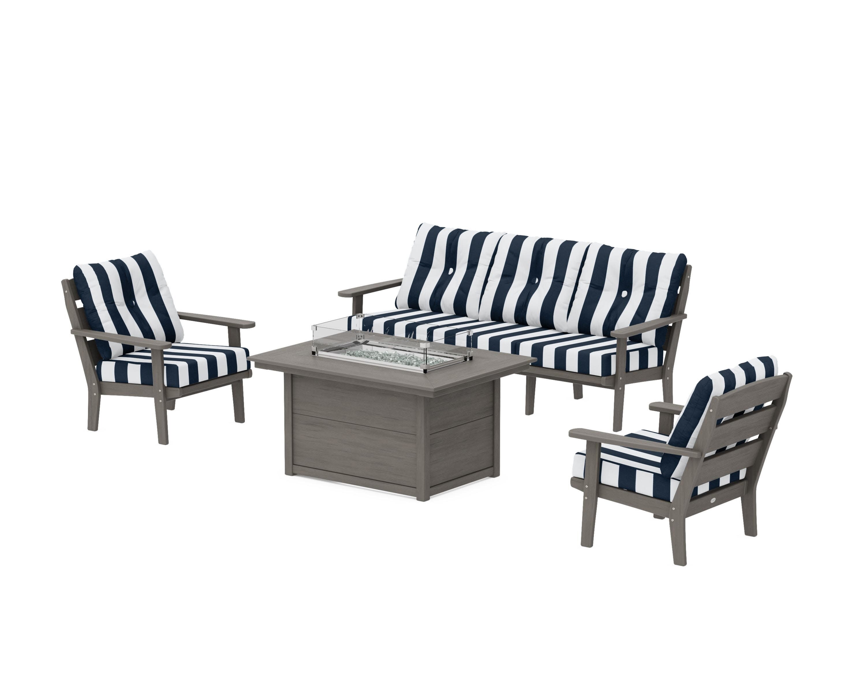 Lakeside Deep Seating Fire Pit Table Set in Driftwood / Cabana Stripe Marine Indigo