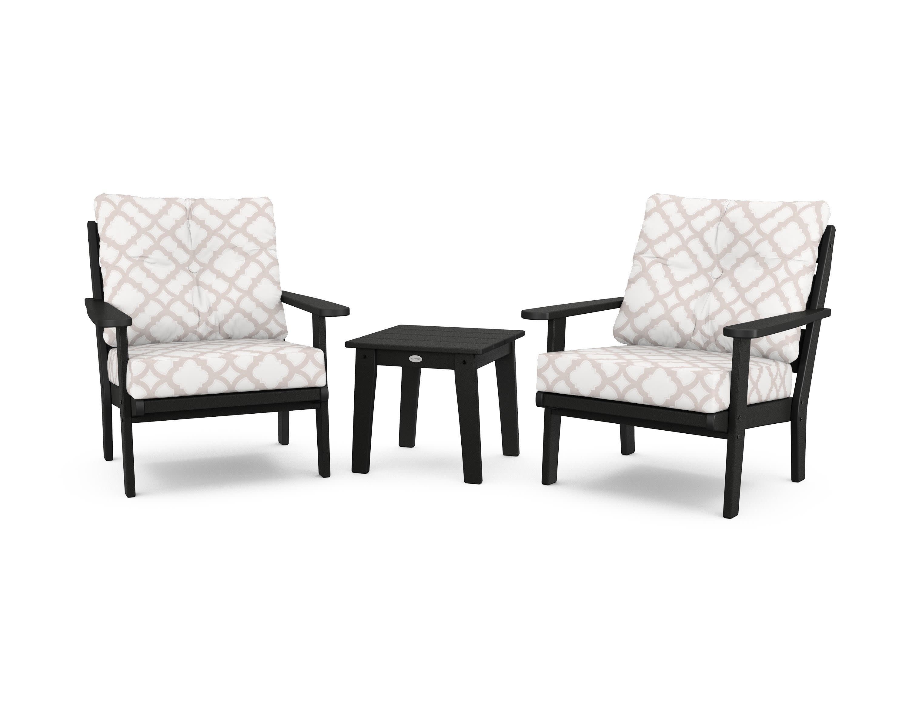 Lakeside 3-Piece Deep Seating Chair Set in Black / Trellis Dune Burlap