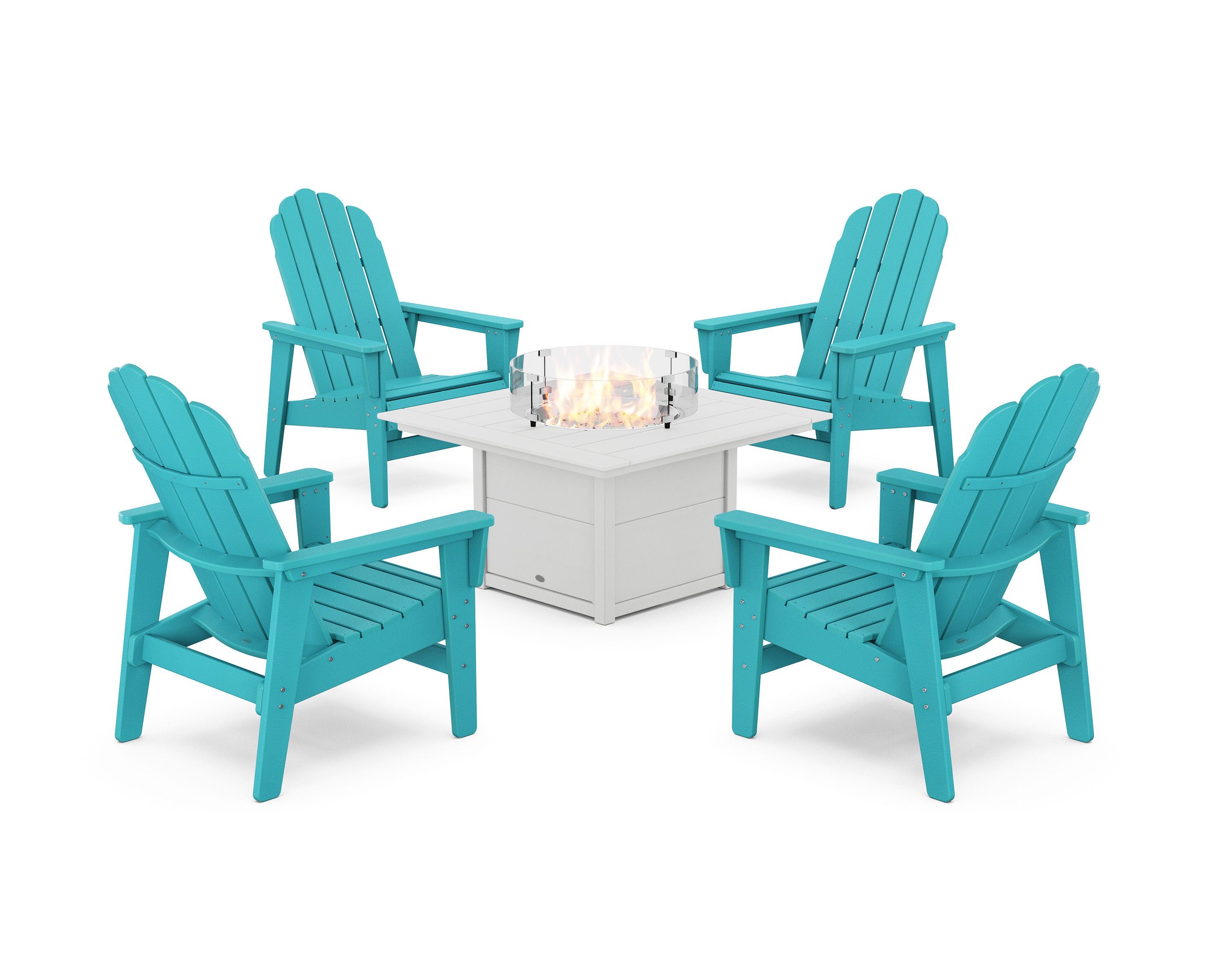 5-Piece Vineyard Grand Upright Adirondack Conversation Set with Fire Pit Table in Aruba / White