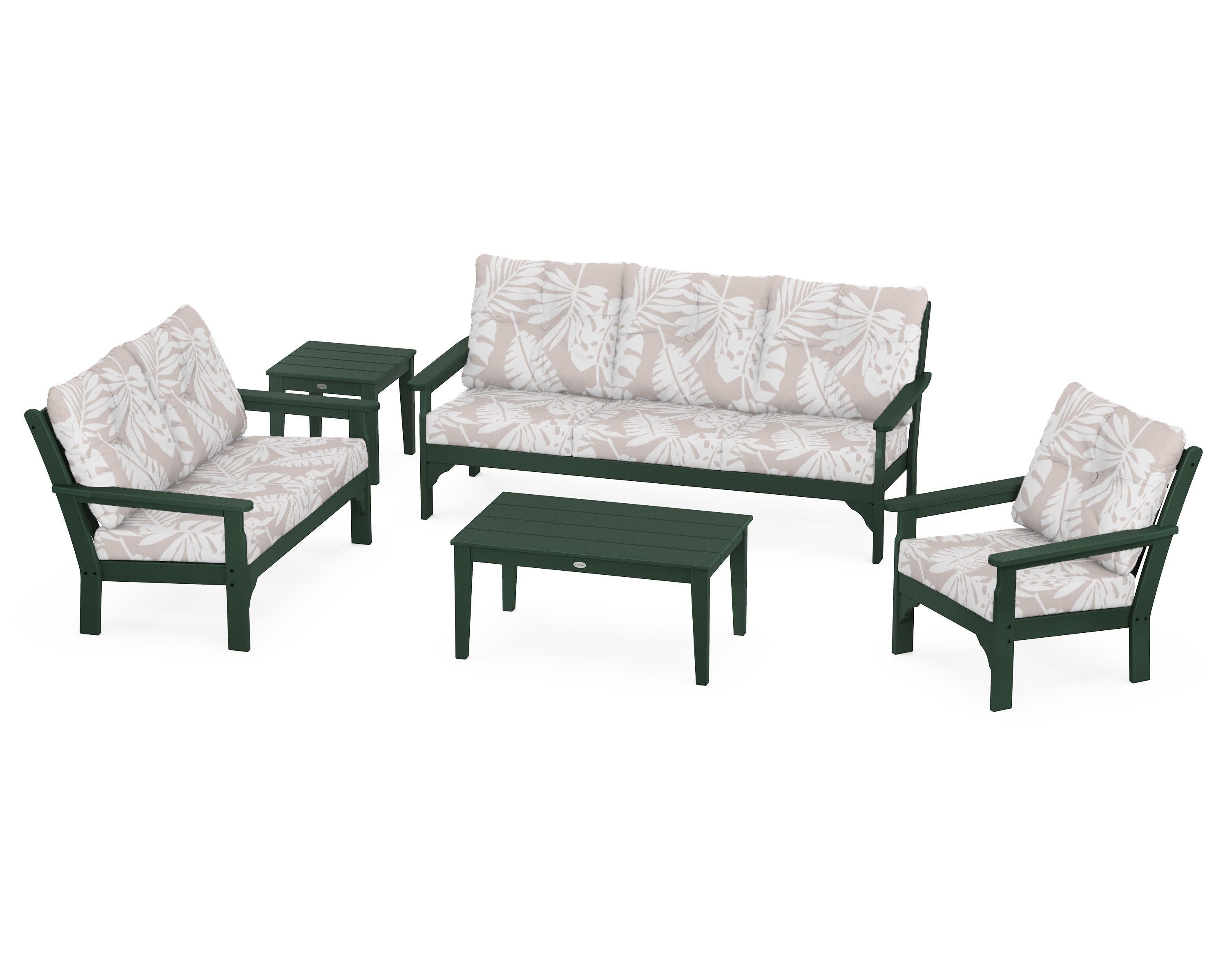 Vineyard 5 Piece Deep Seating Set in Green / Leaf Dune Burlap
