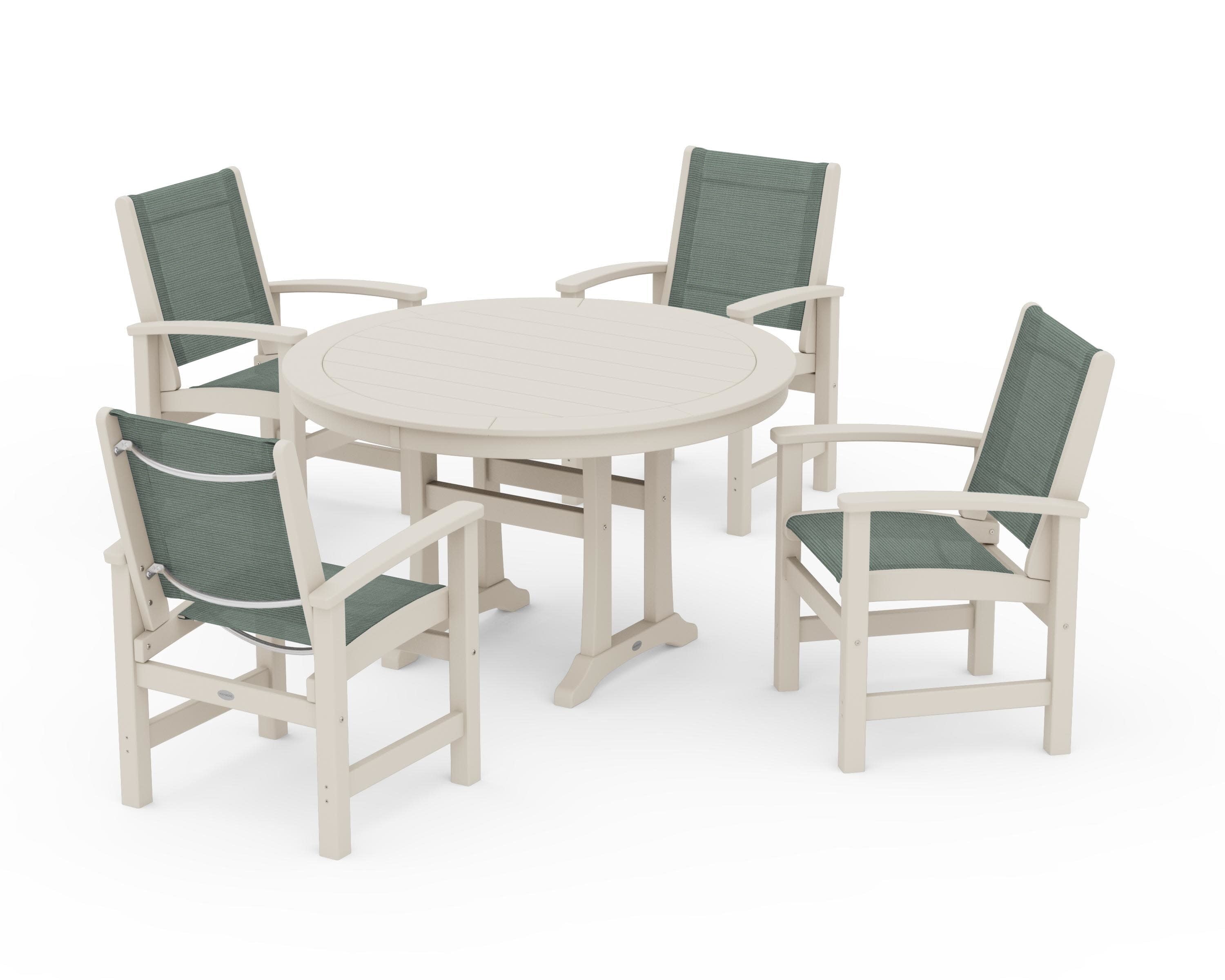 Coastal 5-Piece Round Dining Set with Trestle Legs in Sand / Dupioni Sea Mist Sling