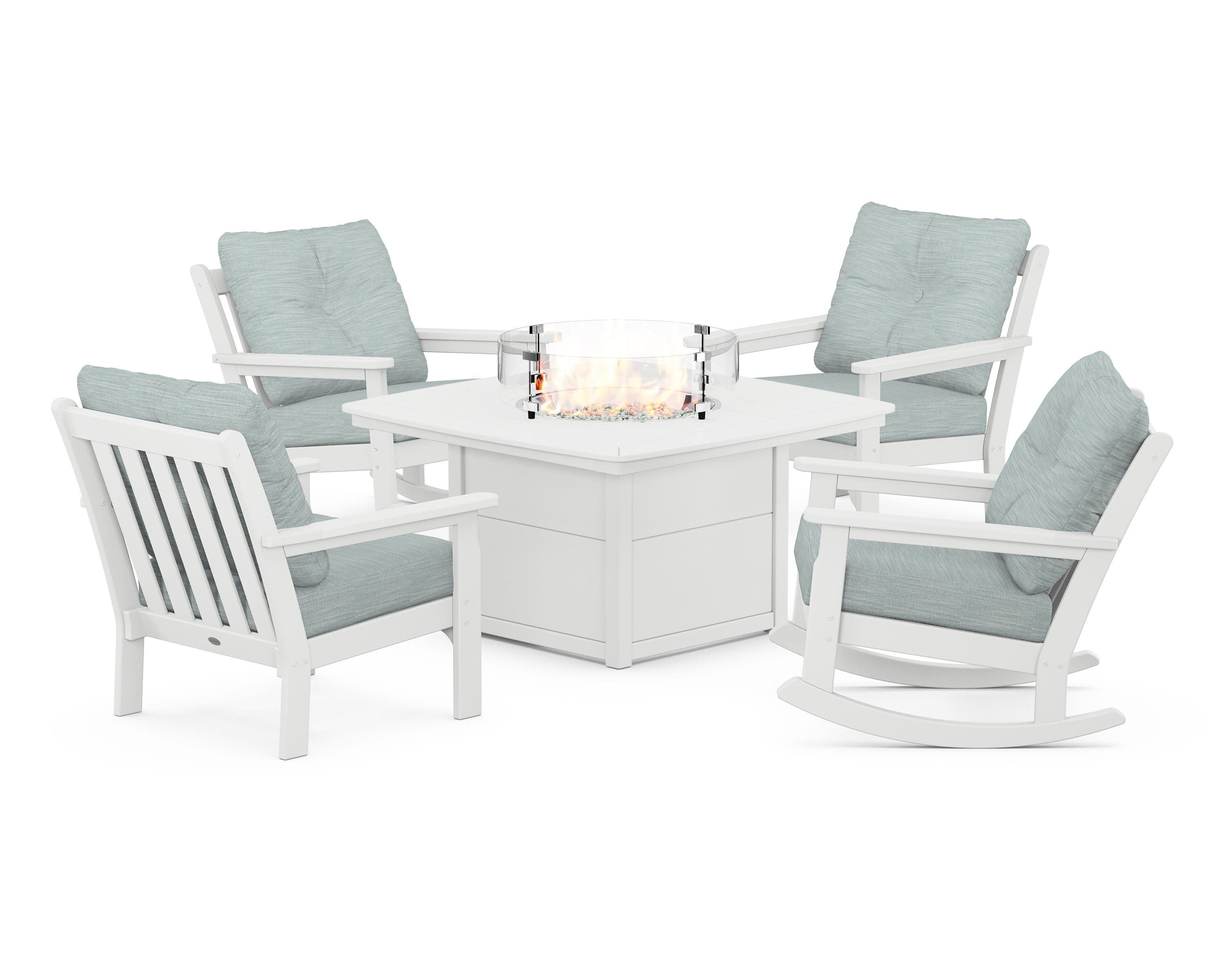 Vineyard 5-Piece Deep Seating Rocking Chair Conversation Set with Fire Pit Table in White / Soothe Mist