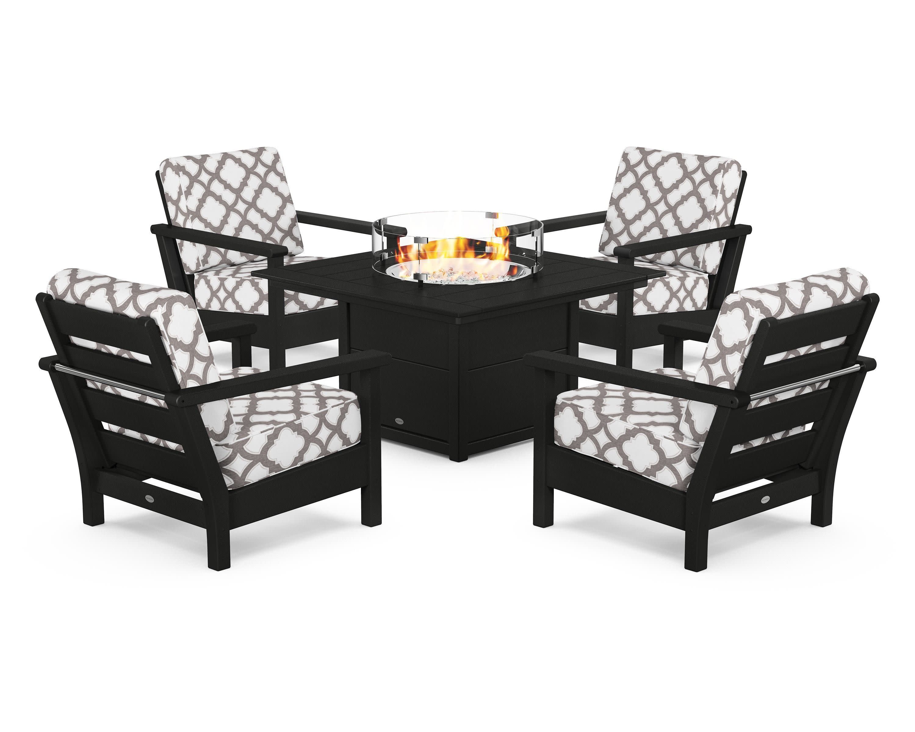 Harbour 5-Piece Conversation Set with Fire Pit Table in Black / Trellis Grey Mist