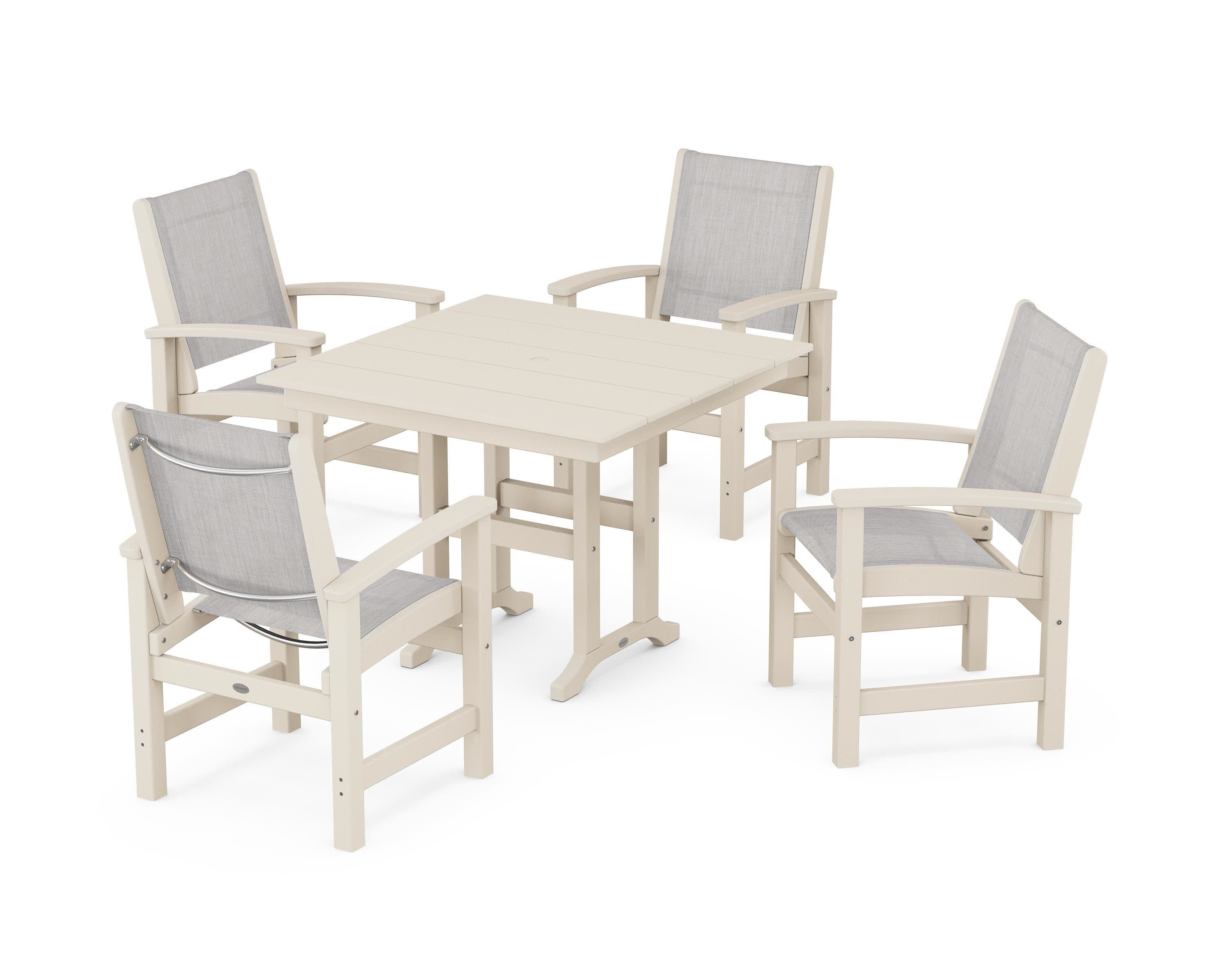 Coastal 5-Piece Farmhouse Dining Set in Sand / Parchment Sling