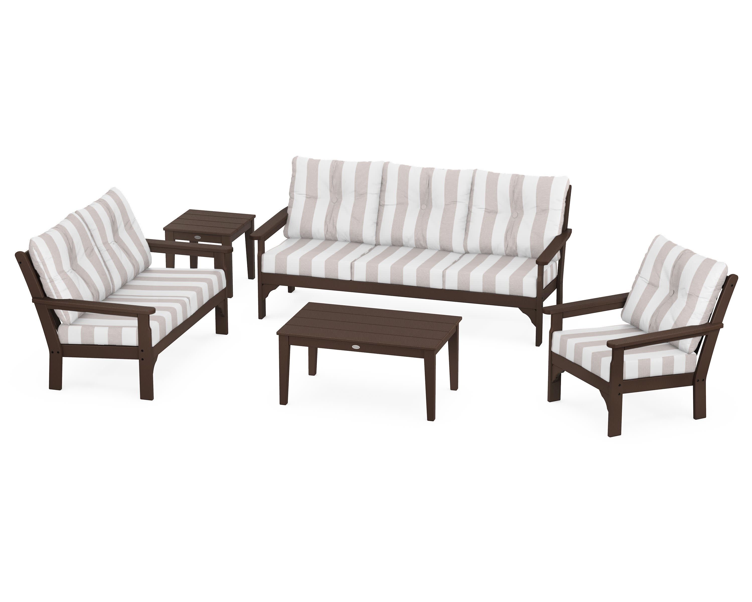 Vineyard 5 Piece Deep Seating Set in Mahogany / Cabana Stripe Dune Burlap