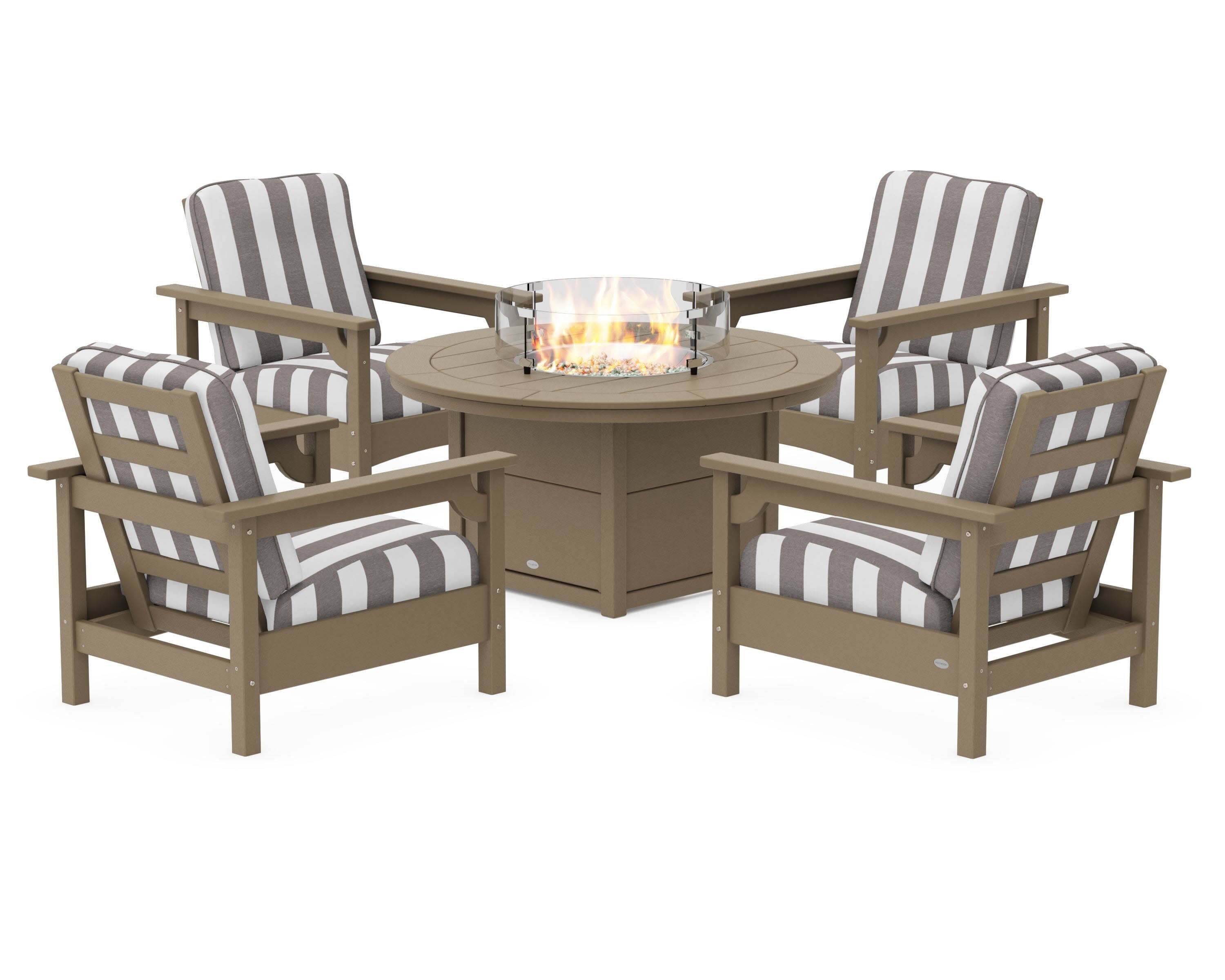 Club 5-Piece Conversation Set with Fire Pit Table in Vintage Sahara / Cabana Stripe Grey Mist