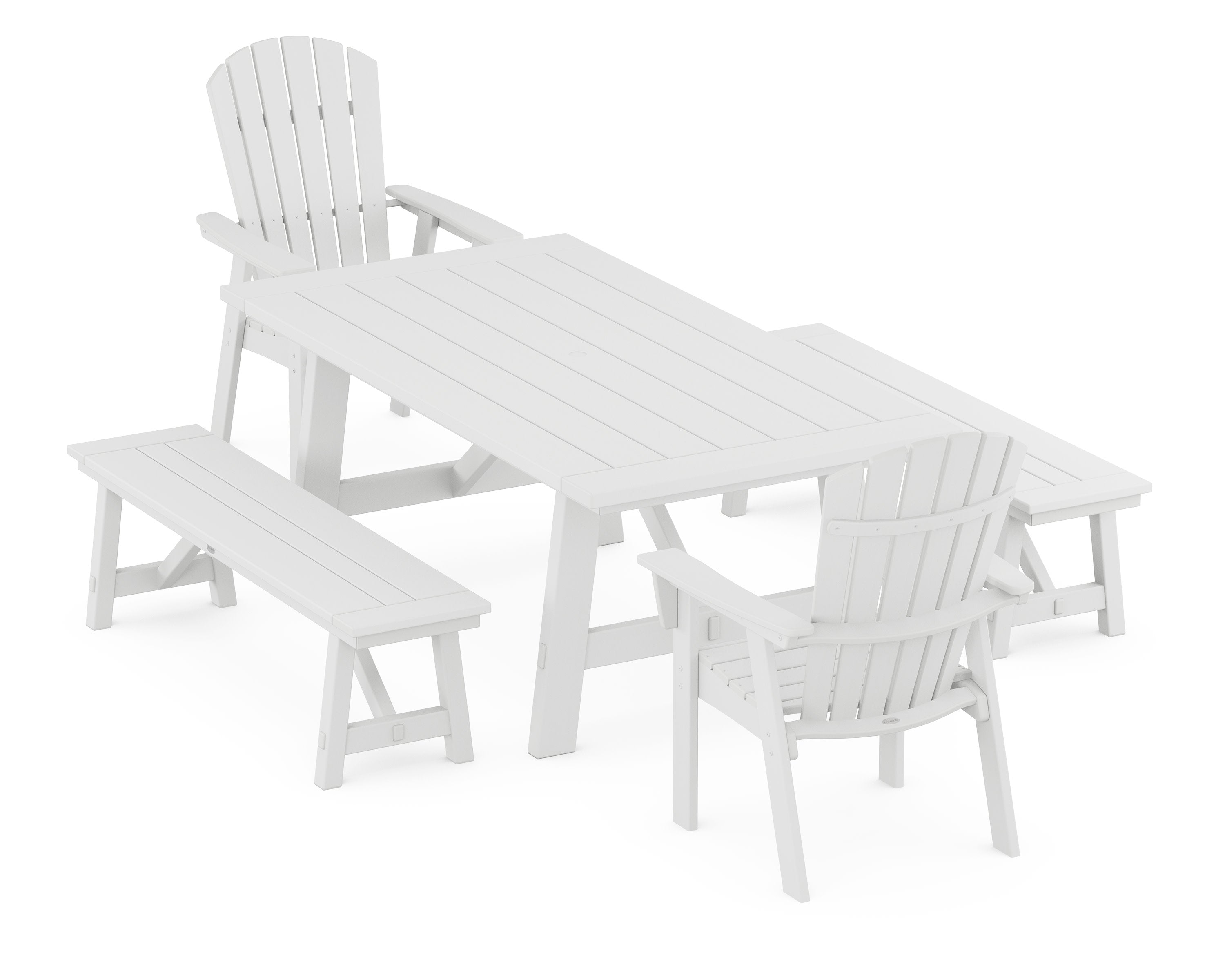 Nautical Curveback Adirondack 5-Piece Rustic Farmhouse Dining Set With Benches in White
