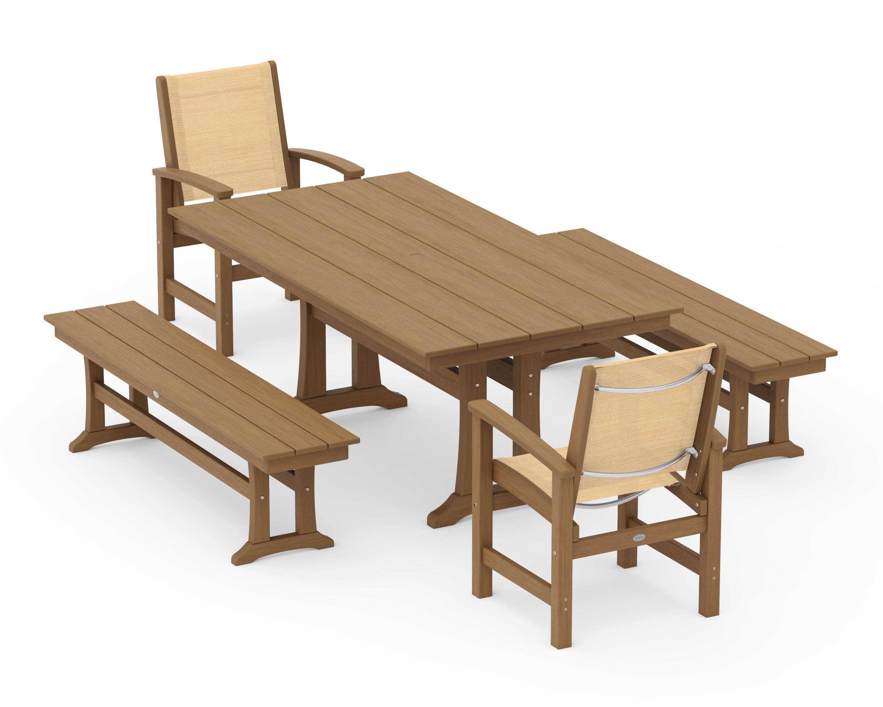 Coastal 5-Piece Farmhouse Dining Set with Trestle Legs and Benches in Natural / Dupioni Apricot Sling