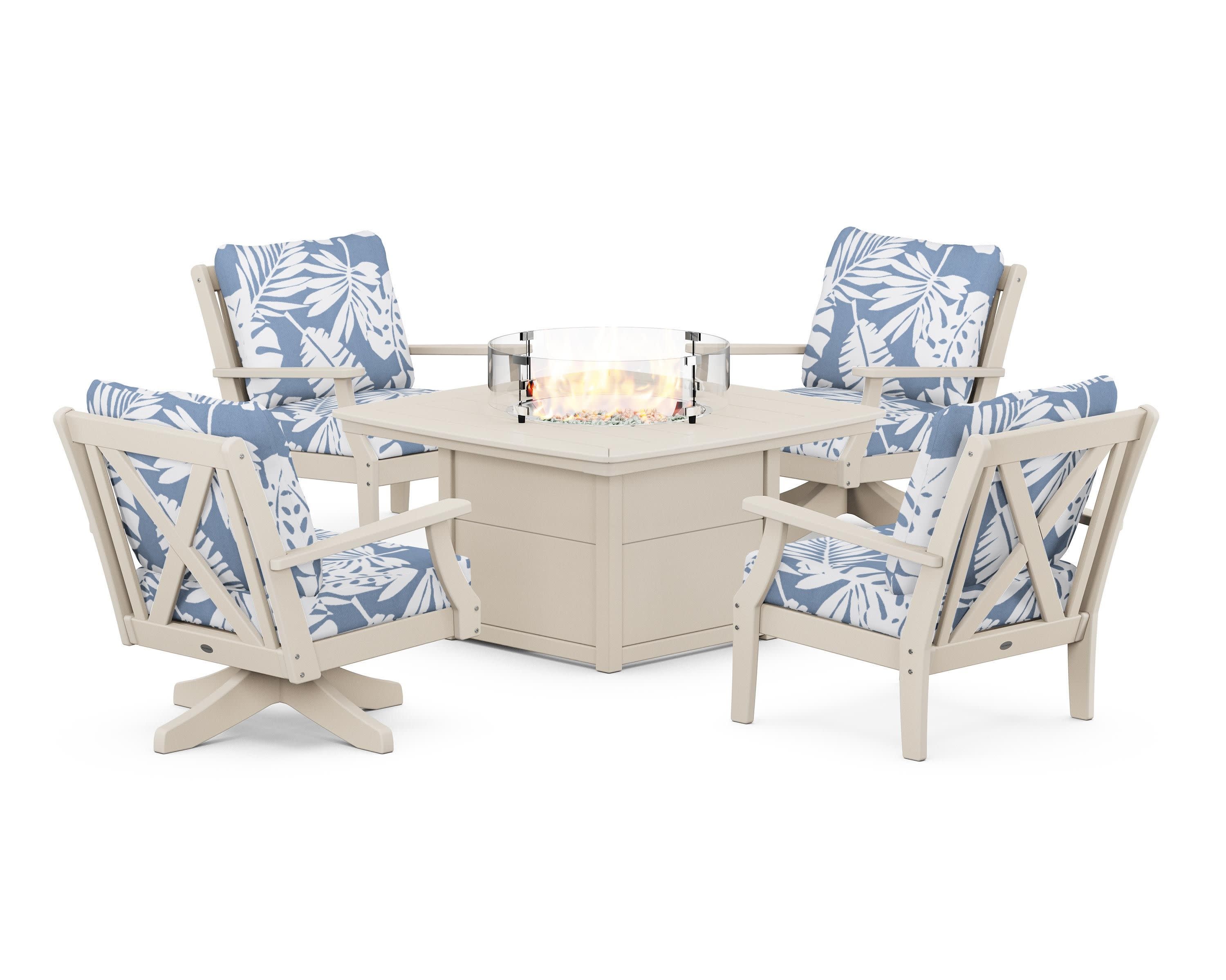 Braxton 5-Piece Deep Seating Set with Fire Table in Sand / Leaf Sky Blue