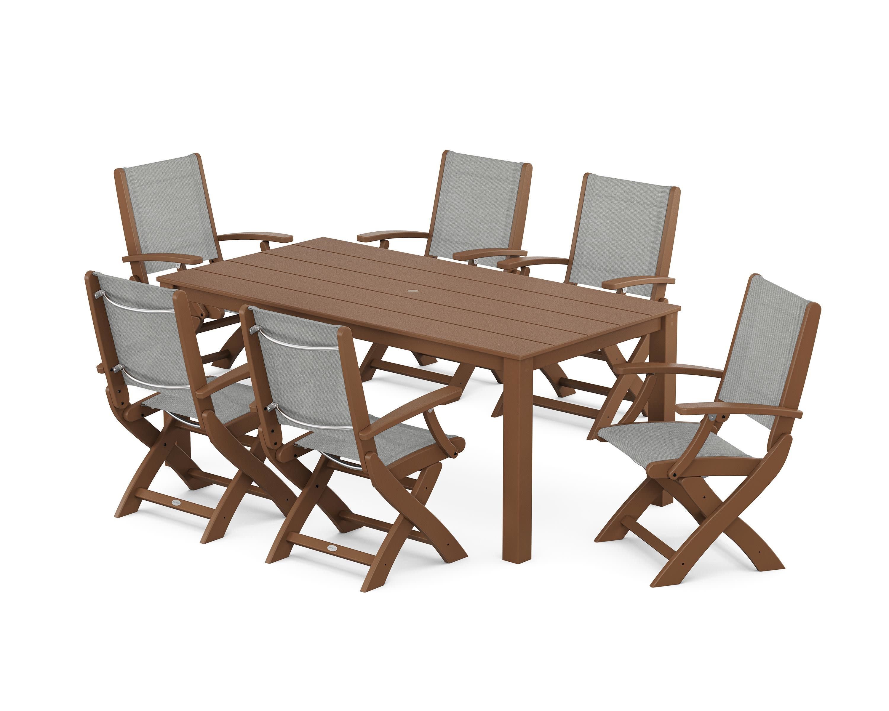 Coastal Folding Chair 7-Piece Parsons Dining Set in Teak / Metallic Sling