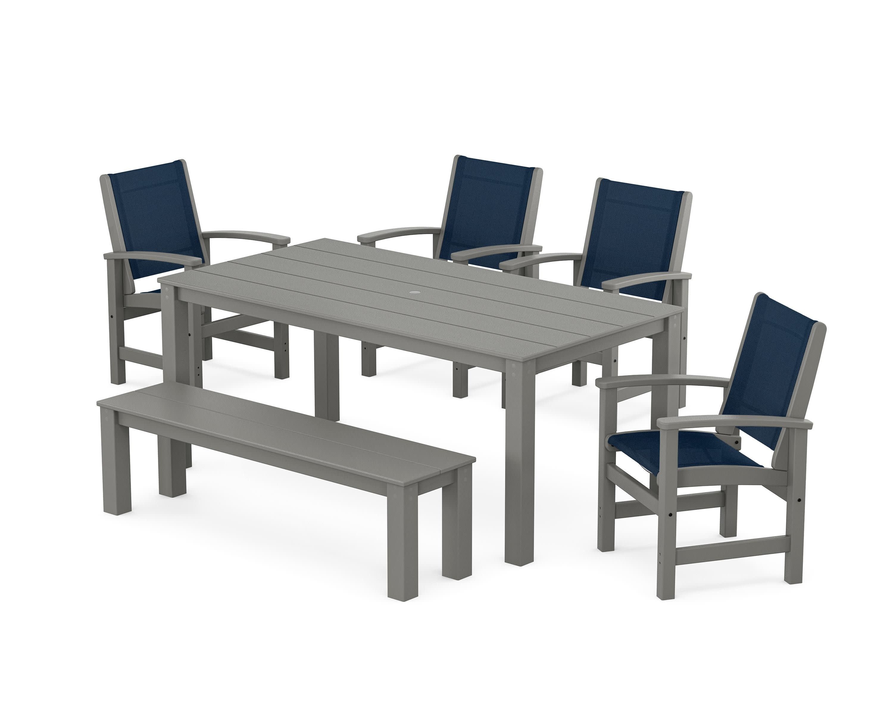 Coastal 6-Piece Parsons Dining Set with Bench in Slate Grey / Navy Blue Sling