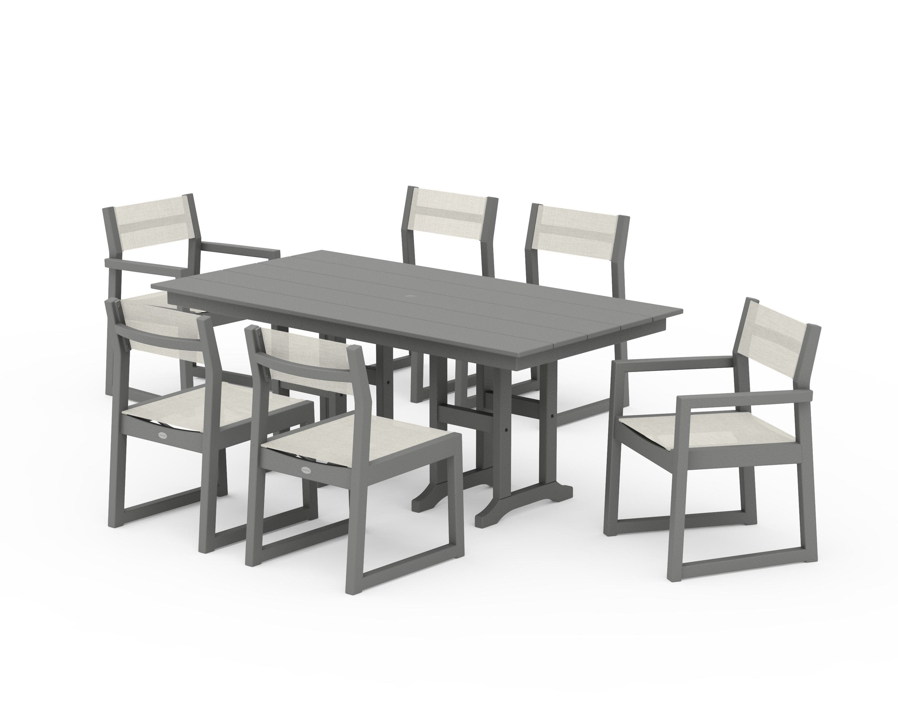 EDGE Sling 7-Piece Farmhouse Dining Set in Slate Grey / Parchment Sling