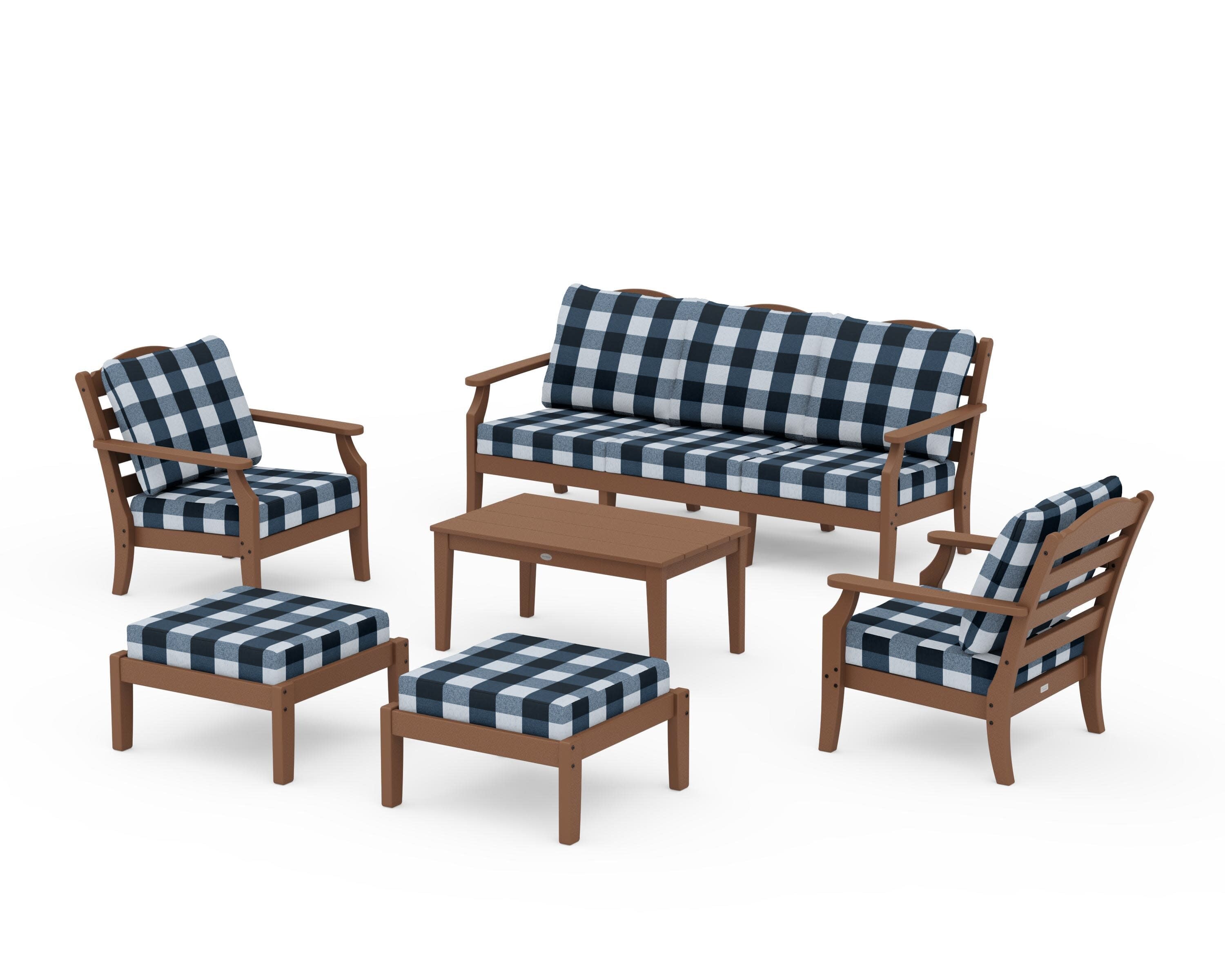 Savannah 6-Piece Lounge Sofa Set in Teak / Buffalo Plaid Marine Indigo