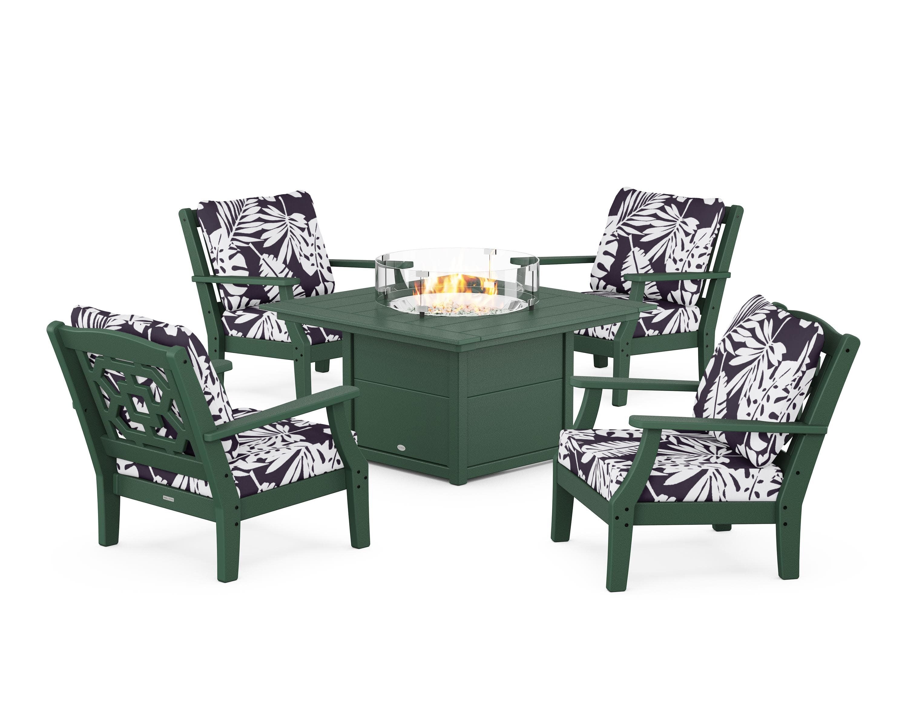 Chinoiserie 5-Piece Deep Seating Set with Fire Pit Table in Green / Leaf Navy