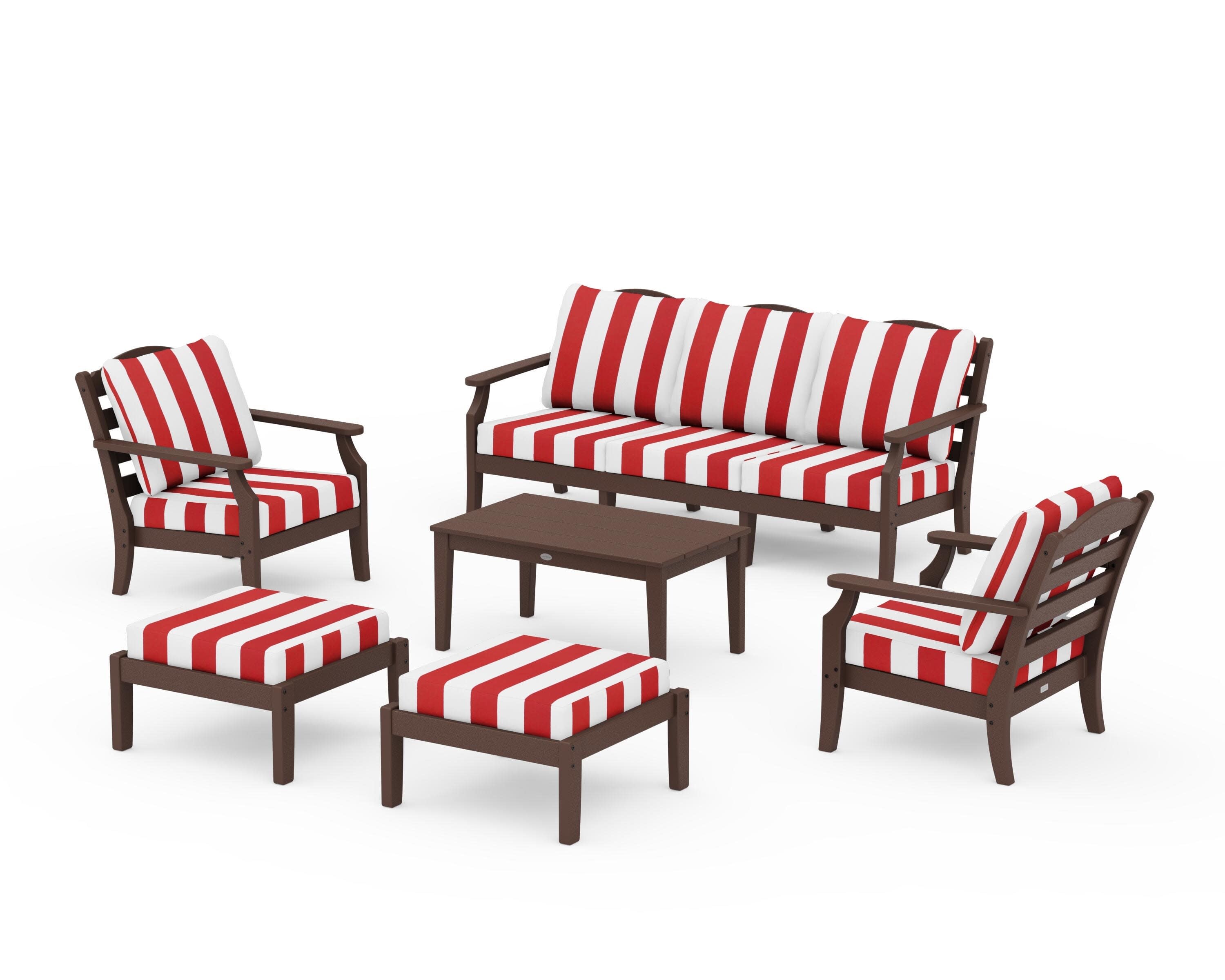 Savannah 6-Piece Lounge Sofa Set in Mahogany / Cabana Stripe Crimson