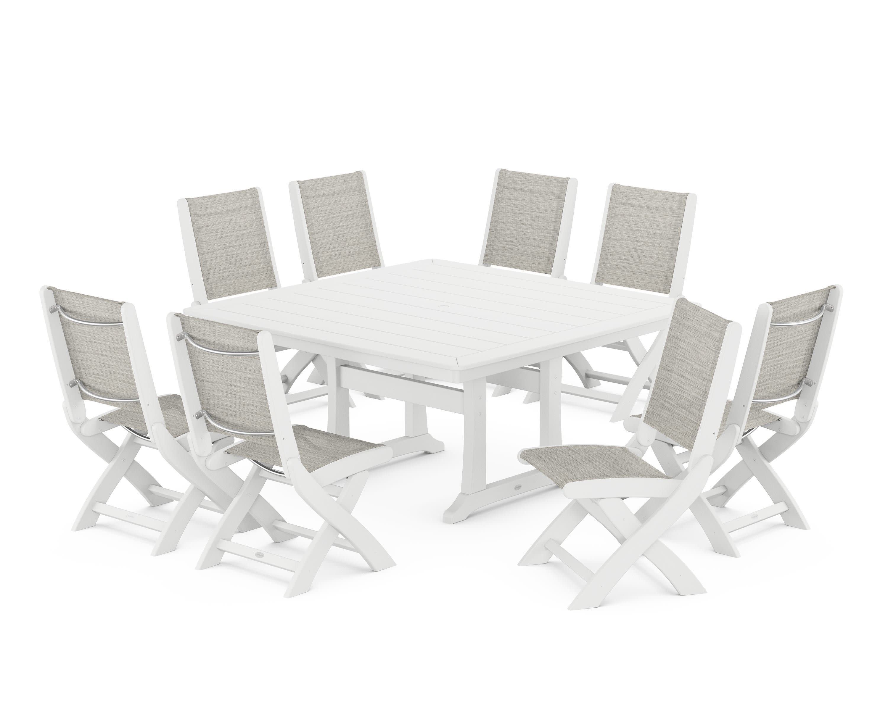 Coastal Folding Side Chair 9-Piece Dining Set with Trestle Legs in White / Birch Sling