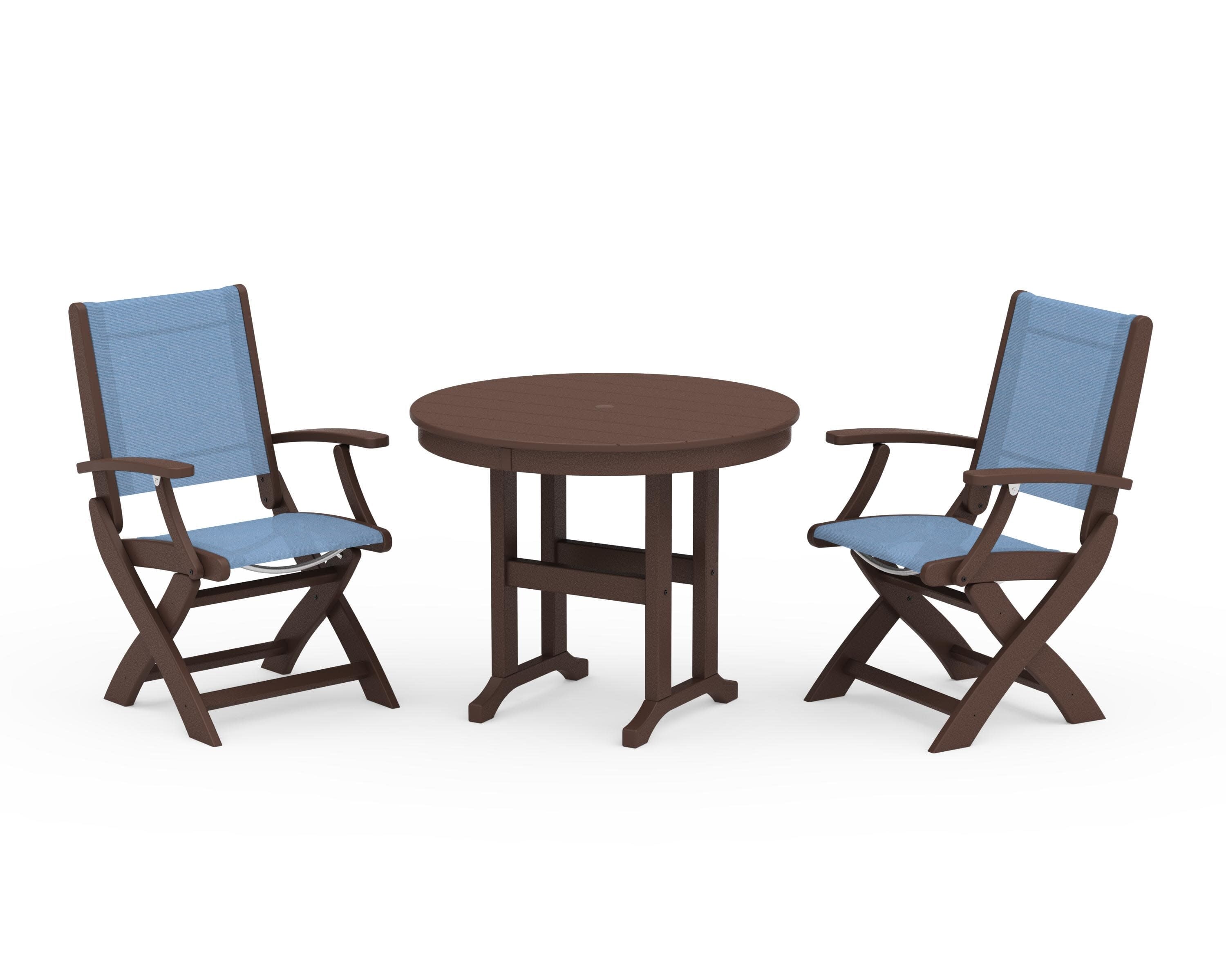 Coastal Folding Chair 3-Piece Round Dining Set in Mahogany / Poolside Sling