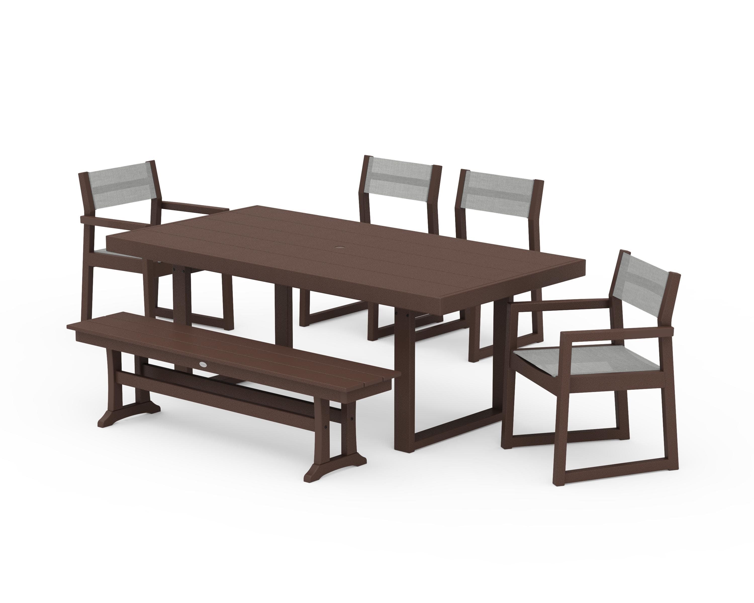 EDGE Sling 6-Piece Dining Set with Bench in Mahogany / Metallic Sling
