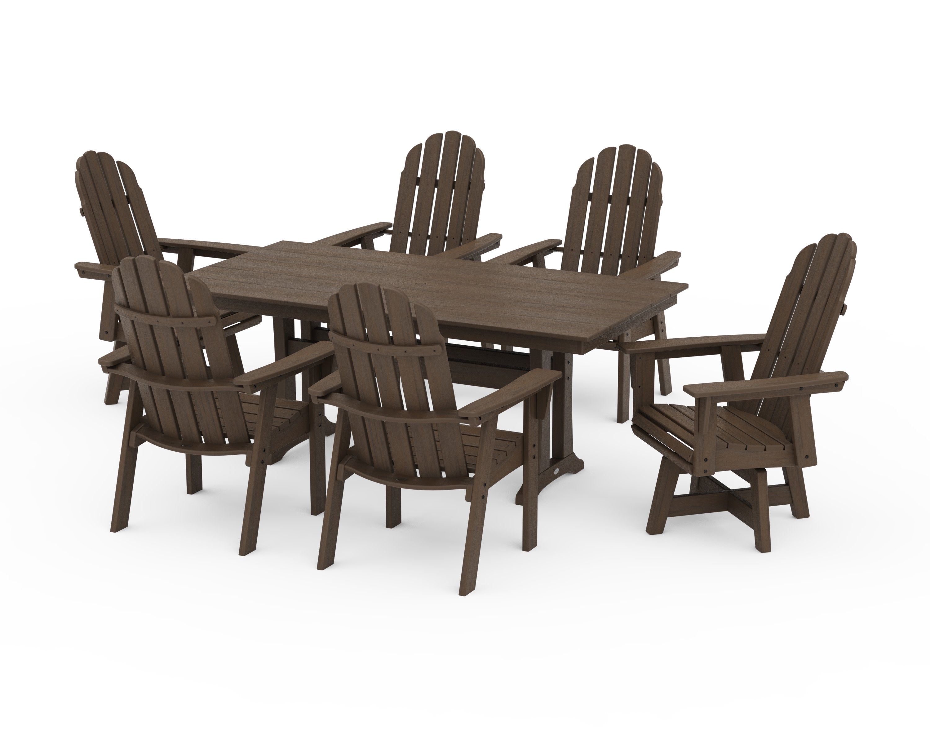 Vineyard Curveback Adirondack Swivel Chair 7-Piece Farmhouse Dining Set with Trestle Legs in Kona
