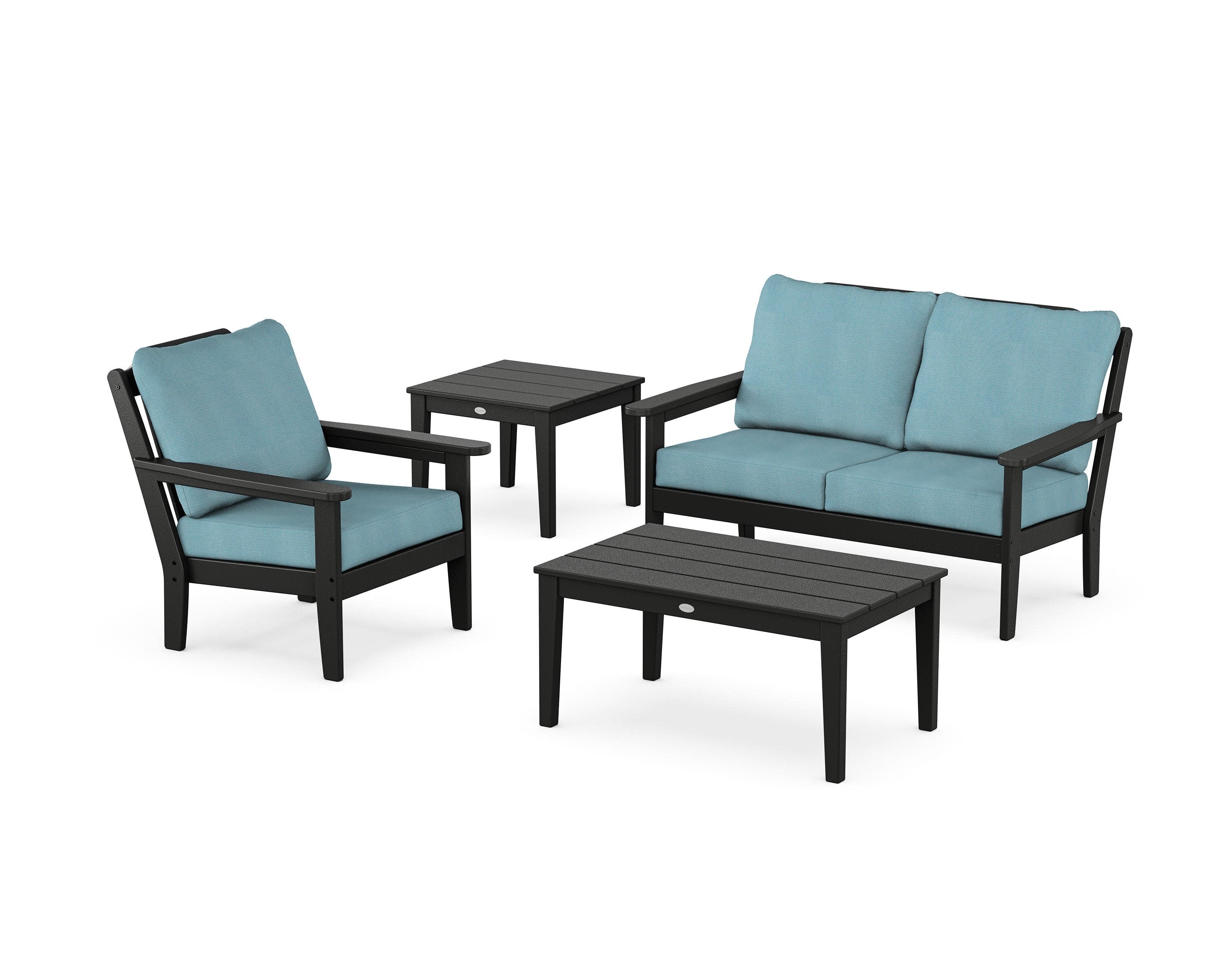 Wovendale 4-Piece Deep Seating Set in Black / Lattice Sky Blue
