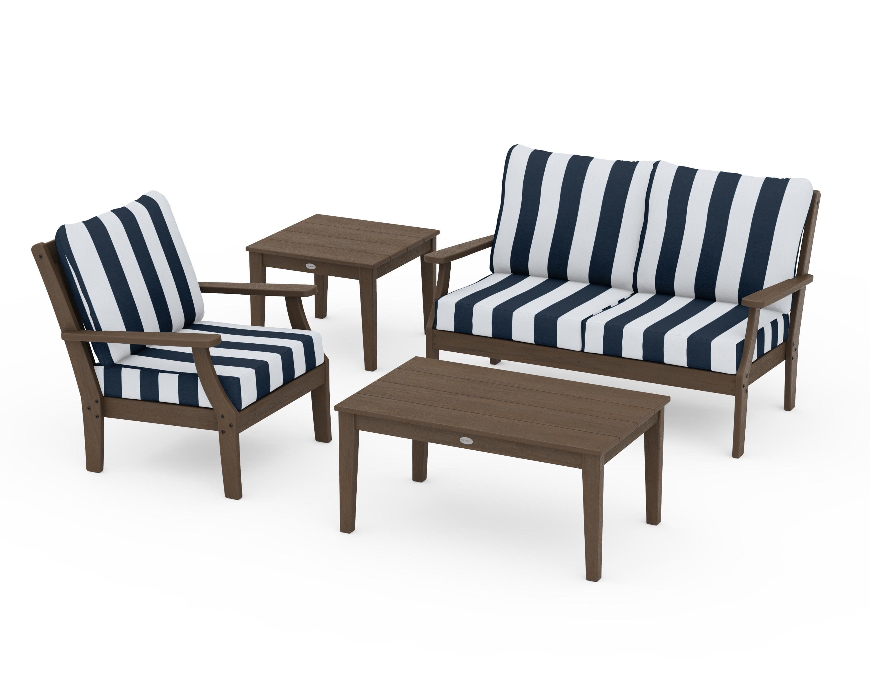 Braxton 4-Piece Deep Seating Set in Kona / Cabana Stripe Marine Indigo