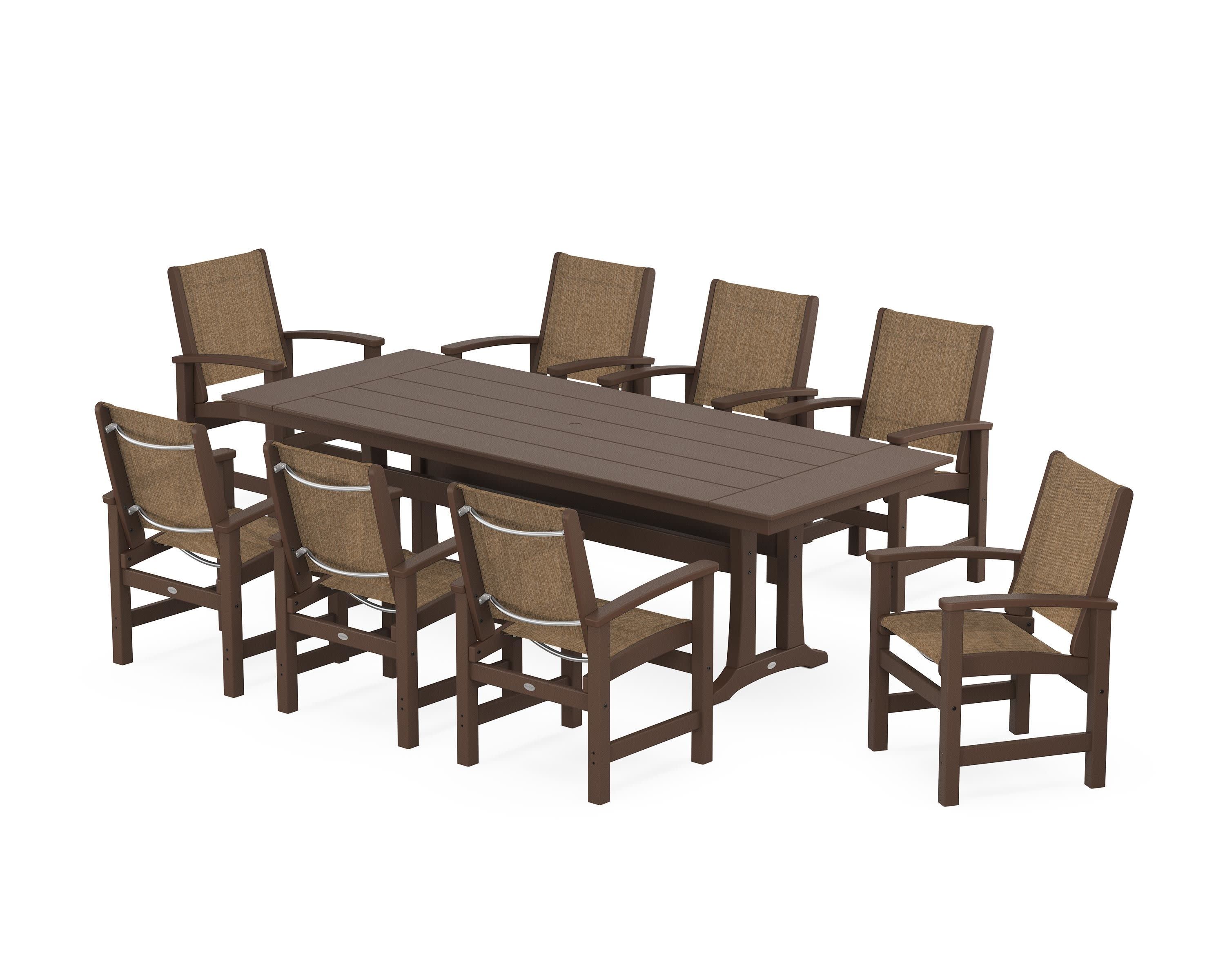 Coastal 9-Piece Farmhouse Dining Set with Trestle Legs in Mahogany / Burlap Sling