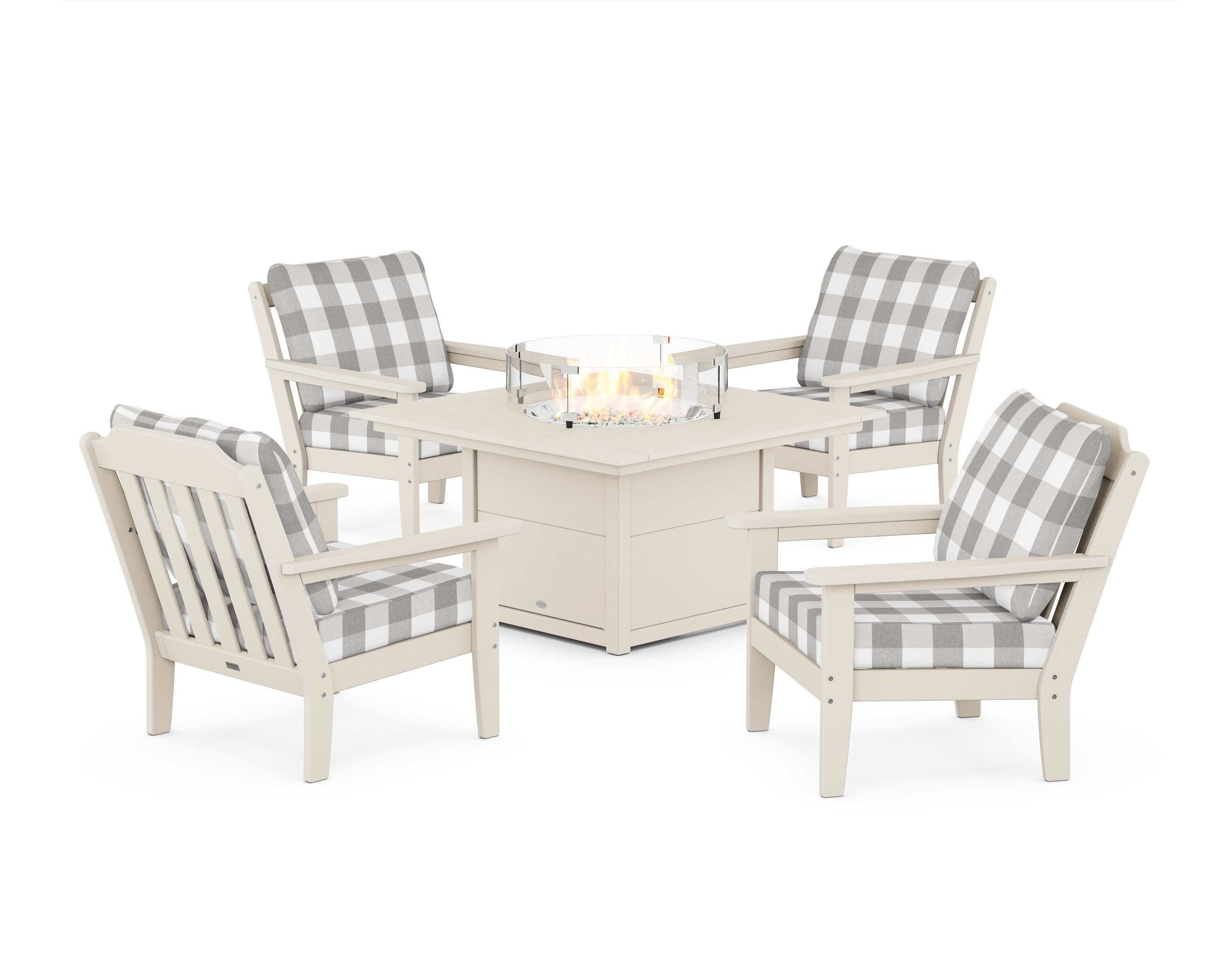 Cottage 5-Piece Deep Seating Set with Fire Pit Table in Sand / Buffalo Plaid Grey Mist