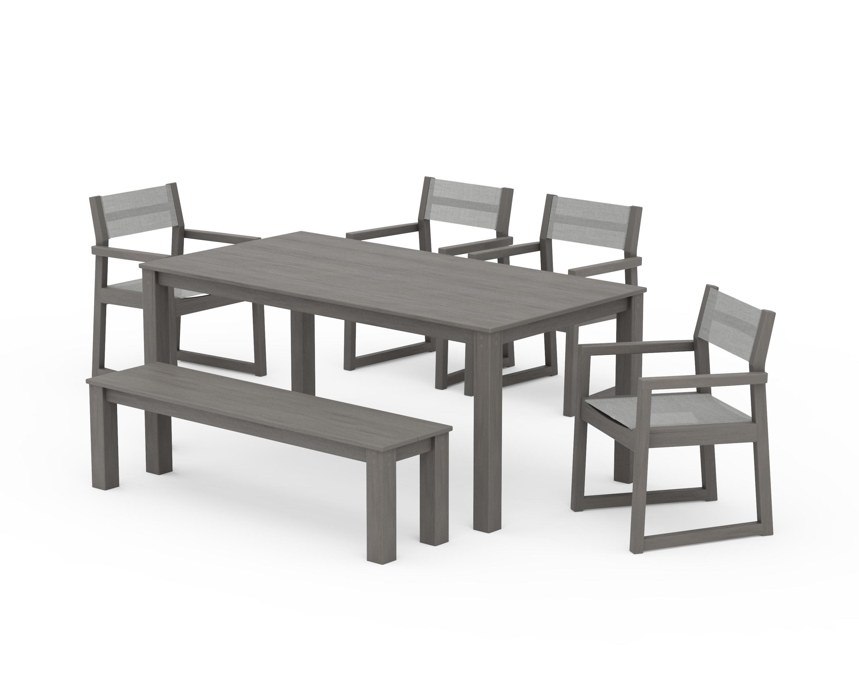 EDGE Sling Arm Chair 6-Piece Parsons Dining Set with Bench in Driftwood / Metallic Sling