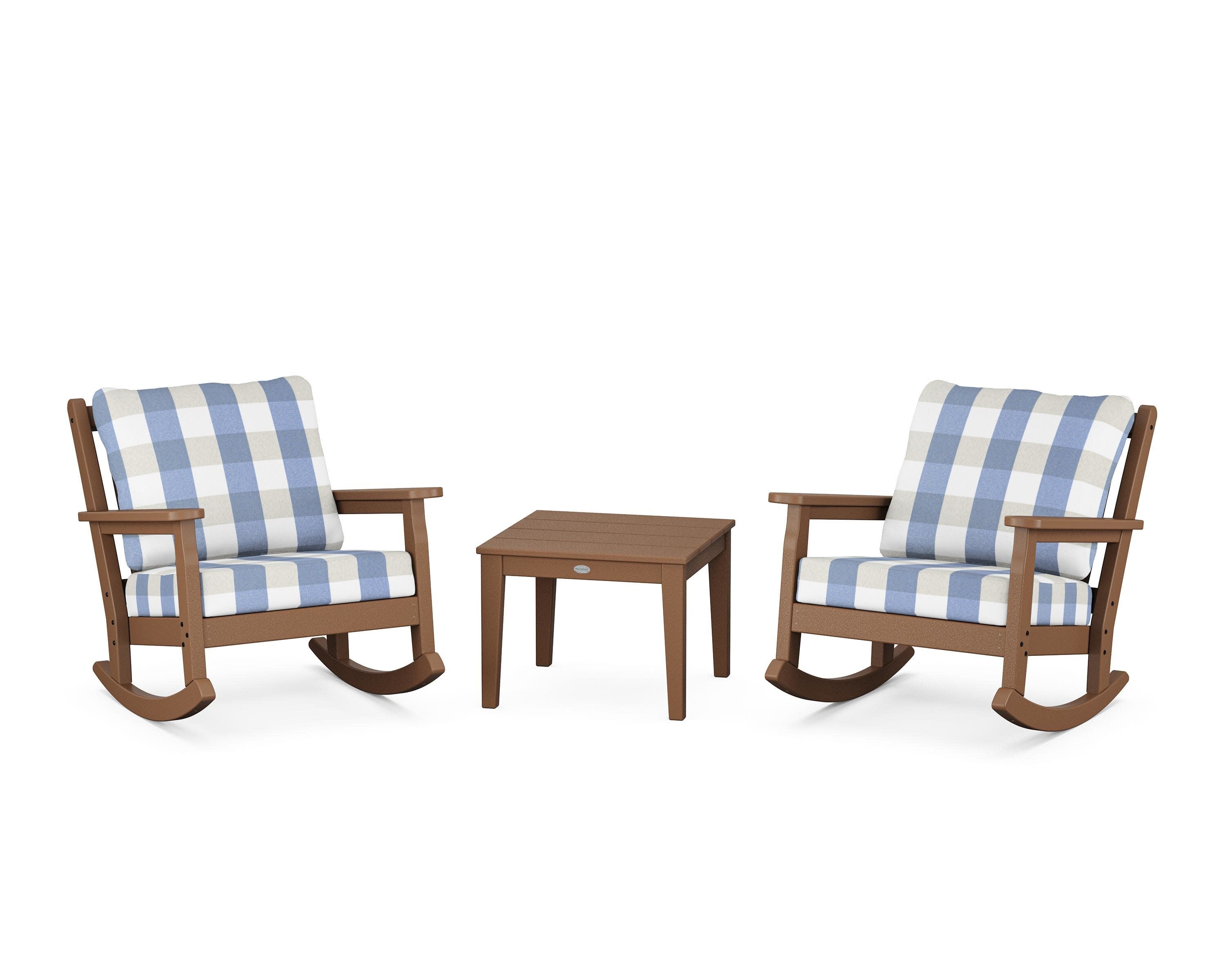 Chippendale 3-Piece Deep Seating Rocker Set in Teak / Buffalo Plaid Sky Blue