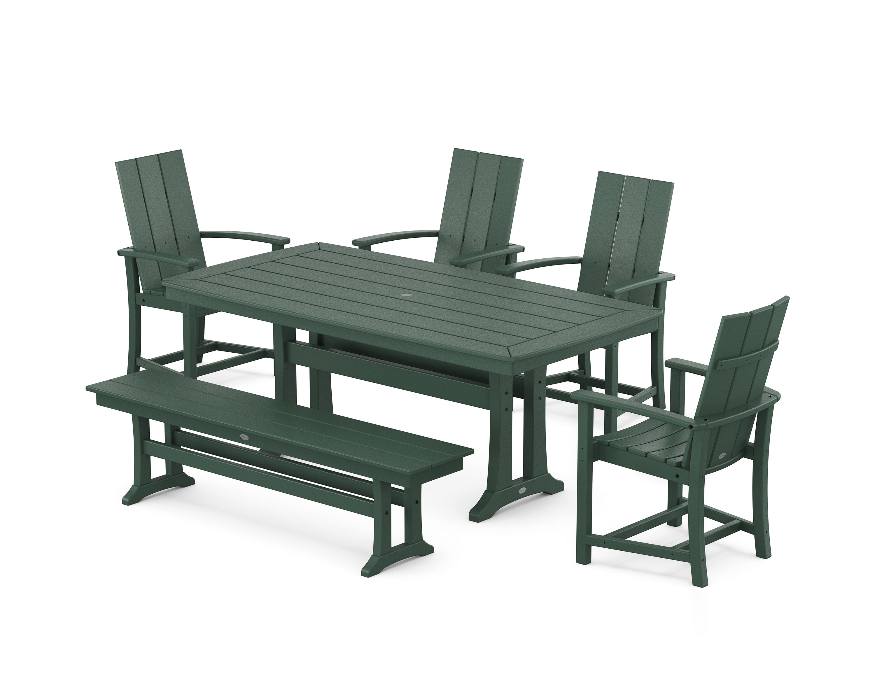 Modern Adirondack 6-Piece Dining Set with Trestle Legs and Bench in Green