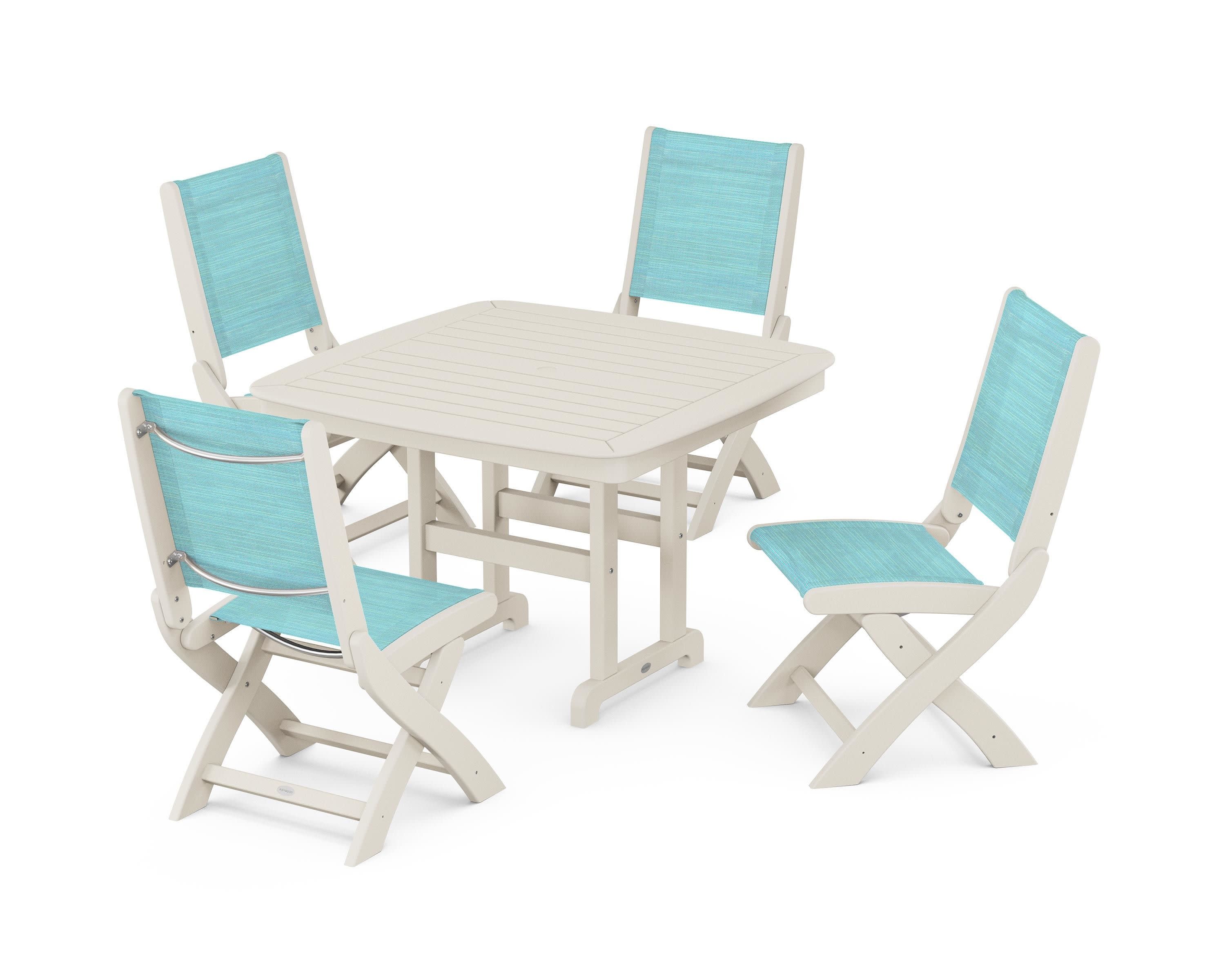 Coastal Folding Side Chair 5-Piece Dining Set in Sand / Dupioni Aquamarine Sling