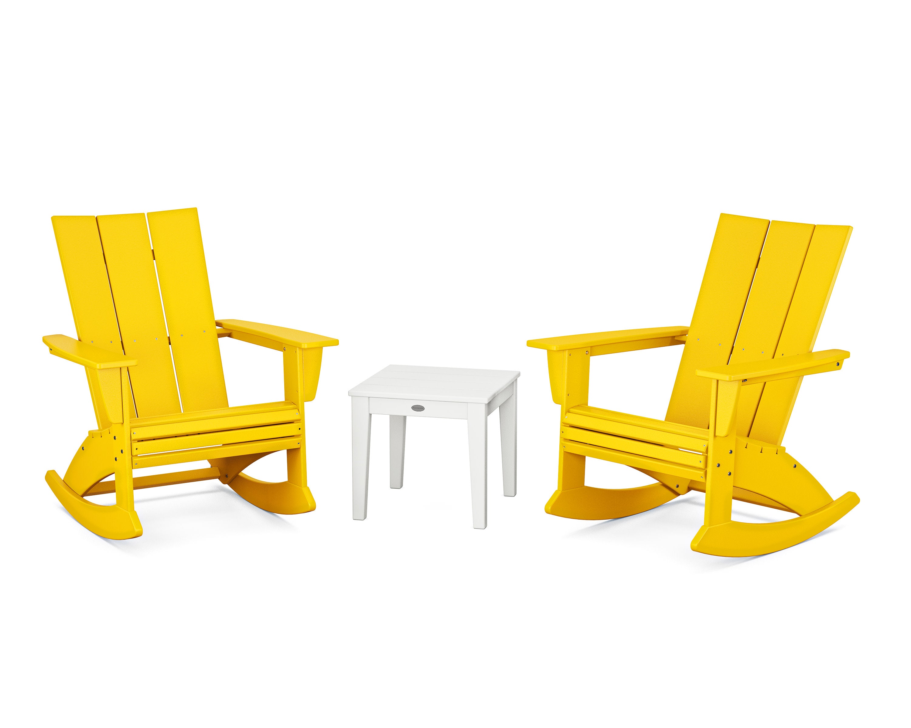 Modern Curveback 3-Piece Adirondack Rocking Chair Set in Lemon / White