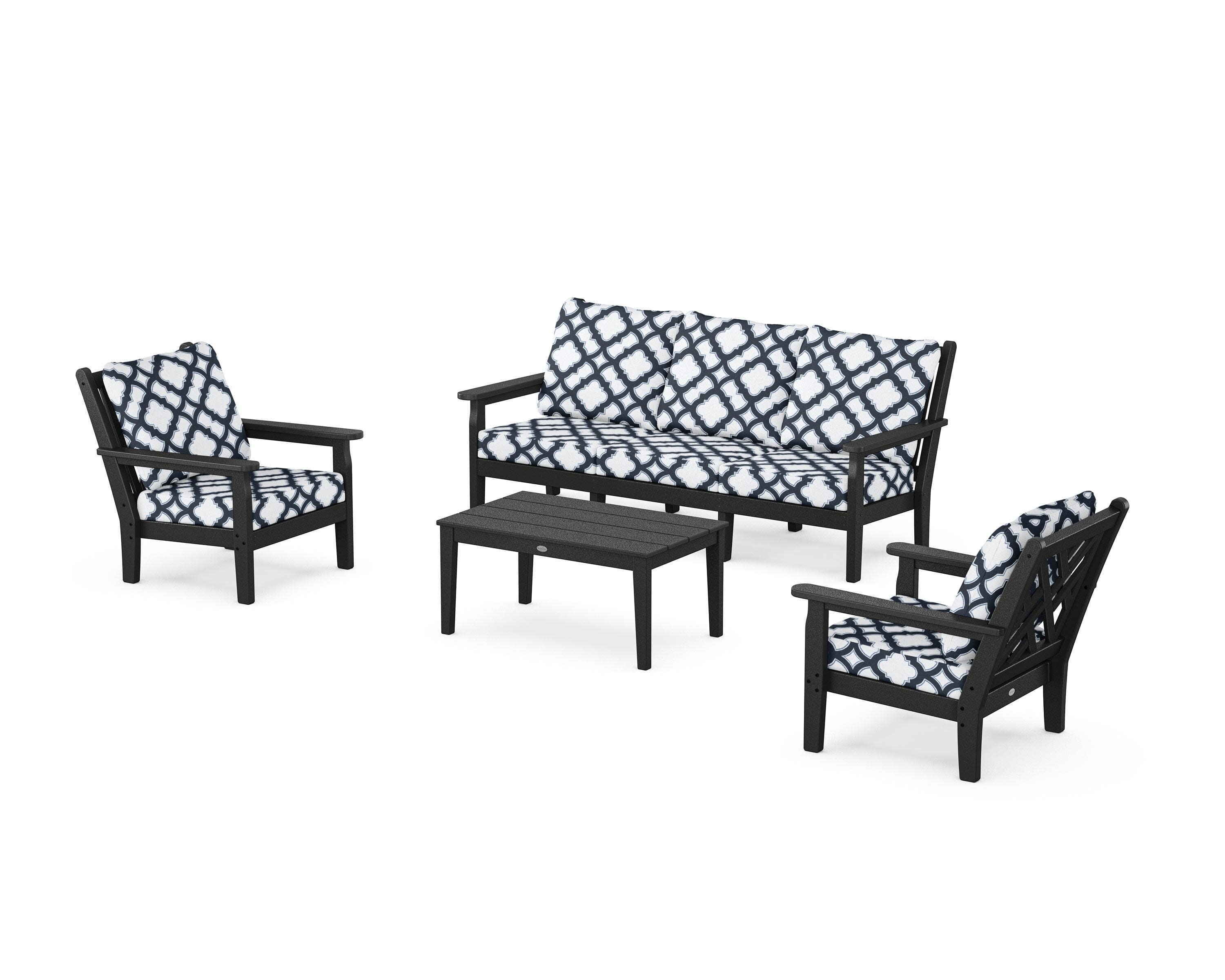 Chippendale 4-Piece Deep Seating Set with Sofa in Black / Trellis Marine Indigo
