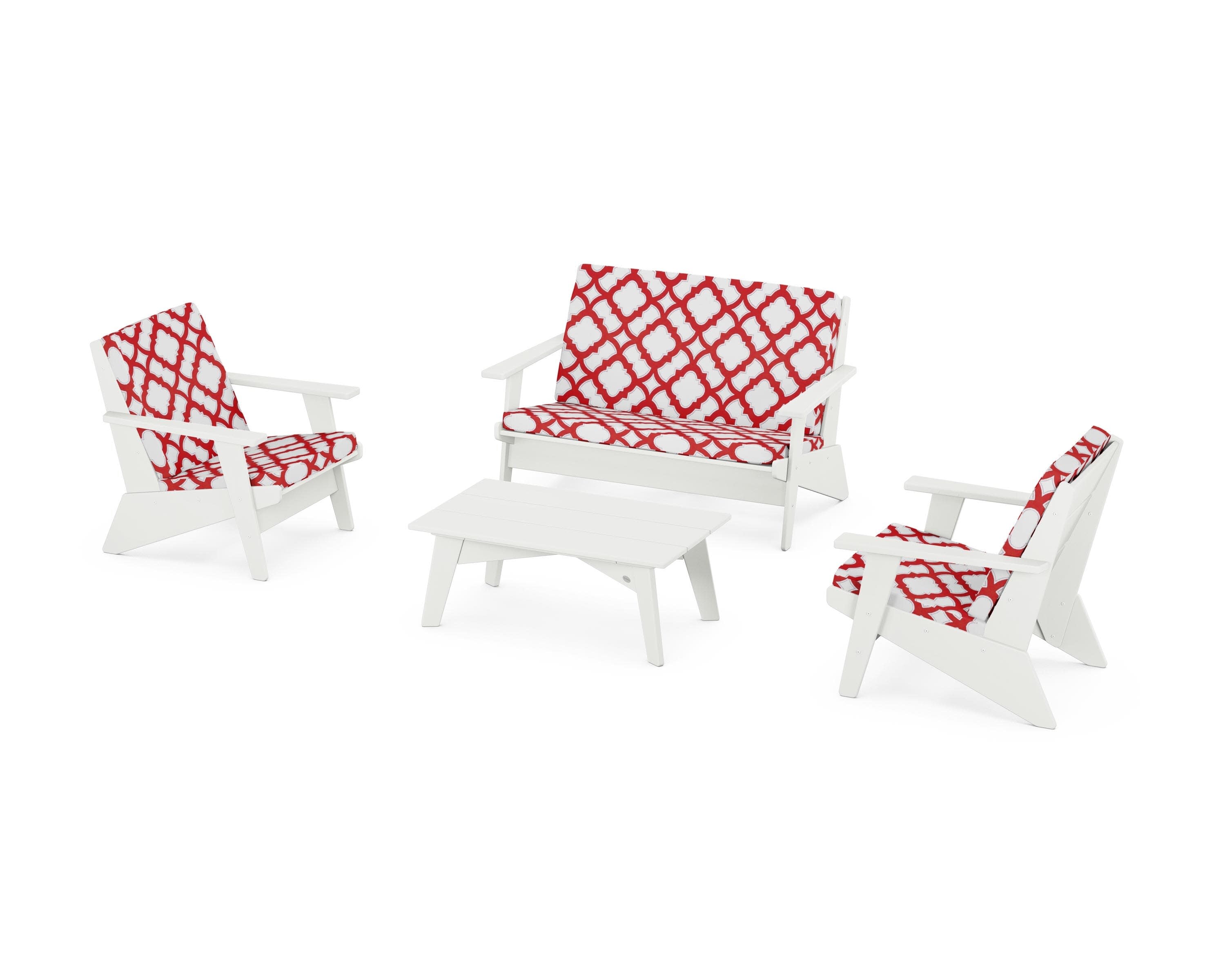 Riviera Modern Lounge 4-Piece Set in Vintage White / Trellis Crimson